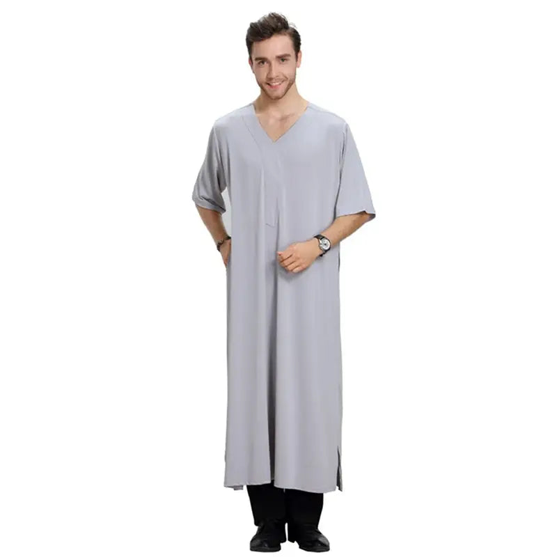 Arab Middle East V-Neck Short Sleeve Men's Robe Thobe Thawb - Comfortable Islamic Prayer Dress for Daily Wear & Special Occasions