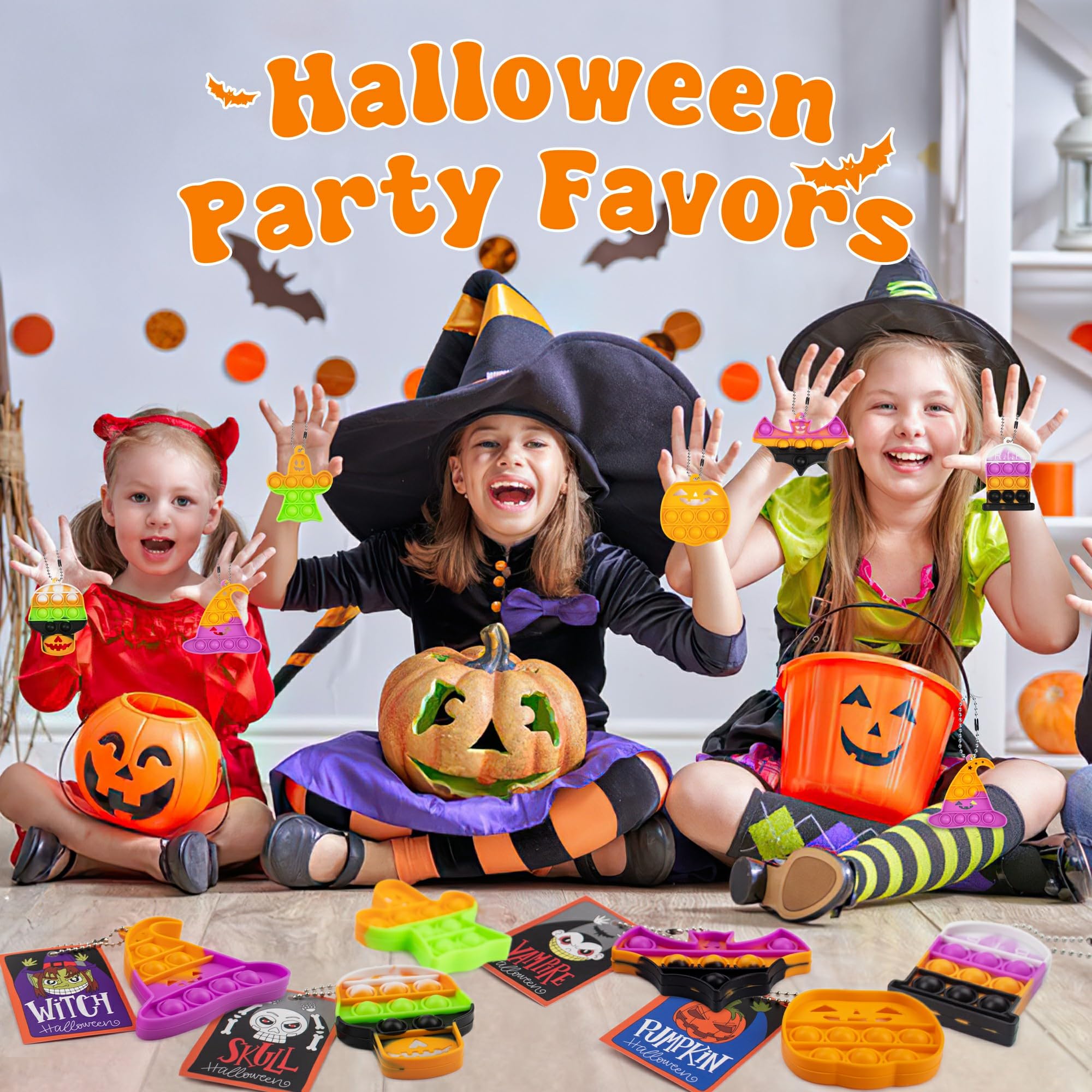 24 Pack Halloween Fidget Toys Bulk Set - Sensory Keychain Stress Relief Toys with Gift Card, No Candy Trick or Treat Favors for Kids, Toddlers - Perfect for Halloween Party Goodie Bags, Classroom Prizes, Birthday Gifts & School Events
