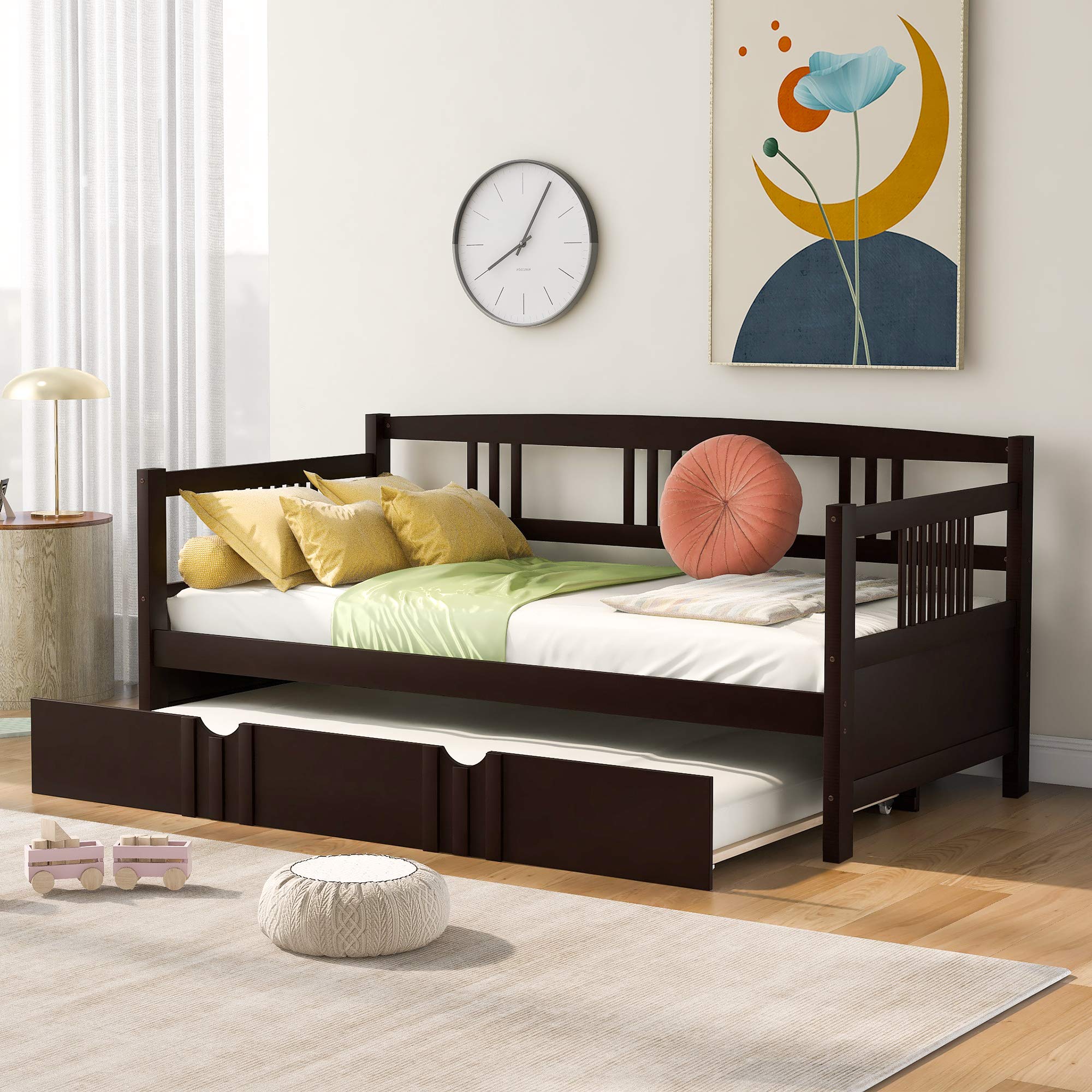 Harper & Bright Designs Twin Daybed with Trundle - Wooden Sofa Bed for Living Room, Guest Room & Kids Room - No Box Spring Needed - Espresso Finish - Perfect for Small Spaces, Sleepovers & Multi-Purpose Use