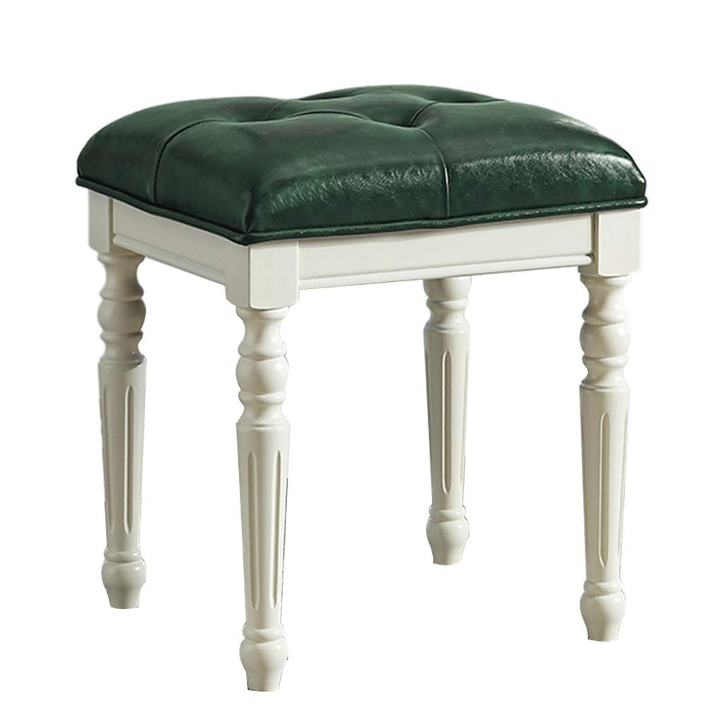 **Green Solid Wood Vanity Stool with Leather Cushion - 37x42x48cm Makeup Bench, Bedroom Stool, Shoe Changing Stool for Girls & Household Use - Perfect for Dressing Table, Bedroom Decor & Entryway**
