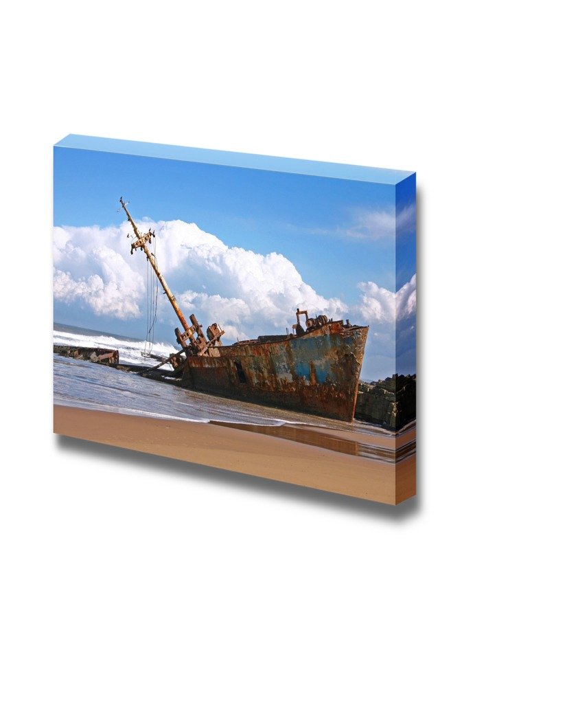 Shipwreck Canvas Wall Art - 16x24 Inch Stretched Ready to Hang Gallery Wrap - Beach Sunset & Stormy Clouds Giclee Print - Modern Home Decor for Living Room, Bedroom & Office