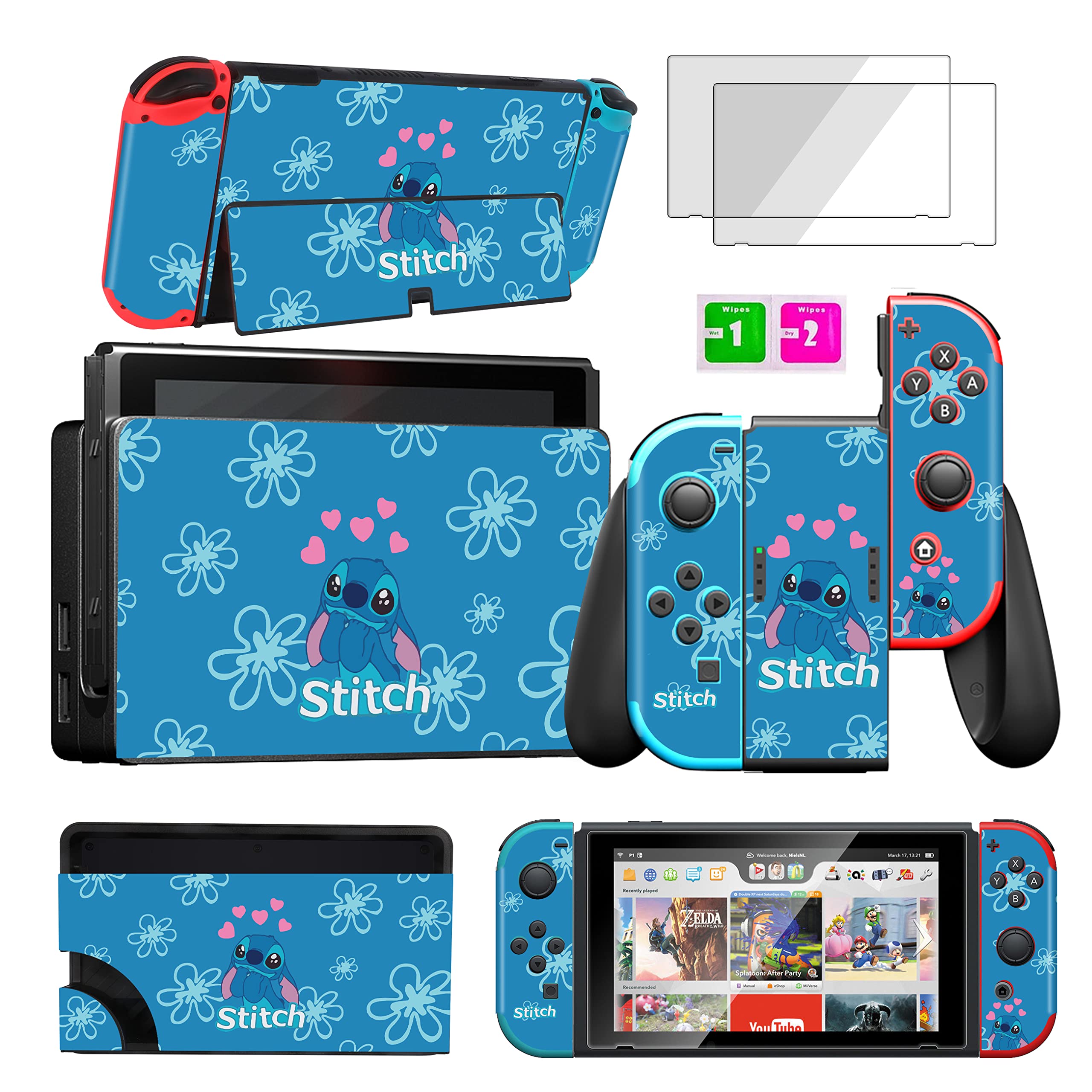 Cute Kawaii Cartoon Character Nintendo Switch OLED Skins & Tempered Glass Screen Protector Set - Blue Heart Stitch Design for Girls, Boys & Kids | Protective Decals for Gaming, Travel & Home Entertainment