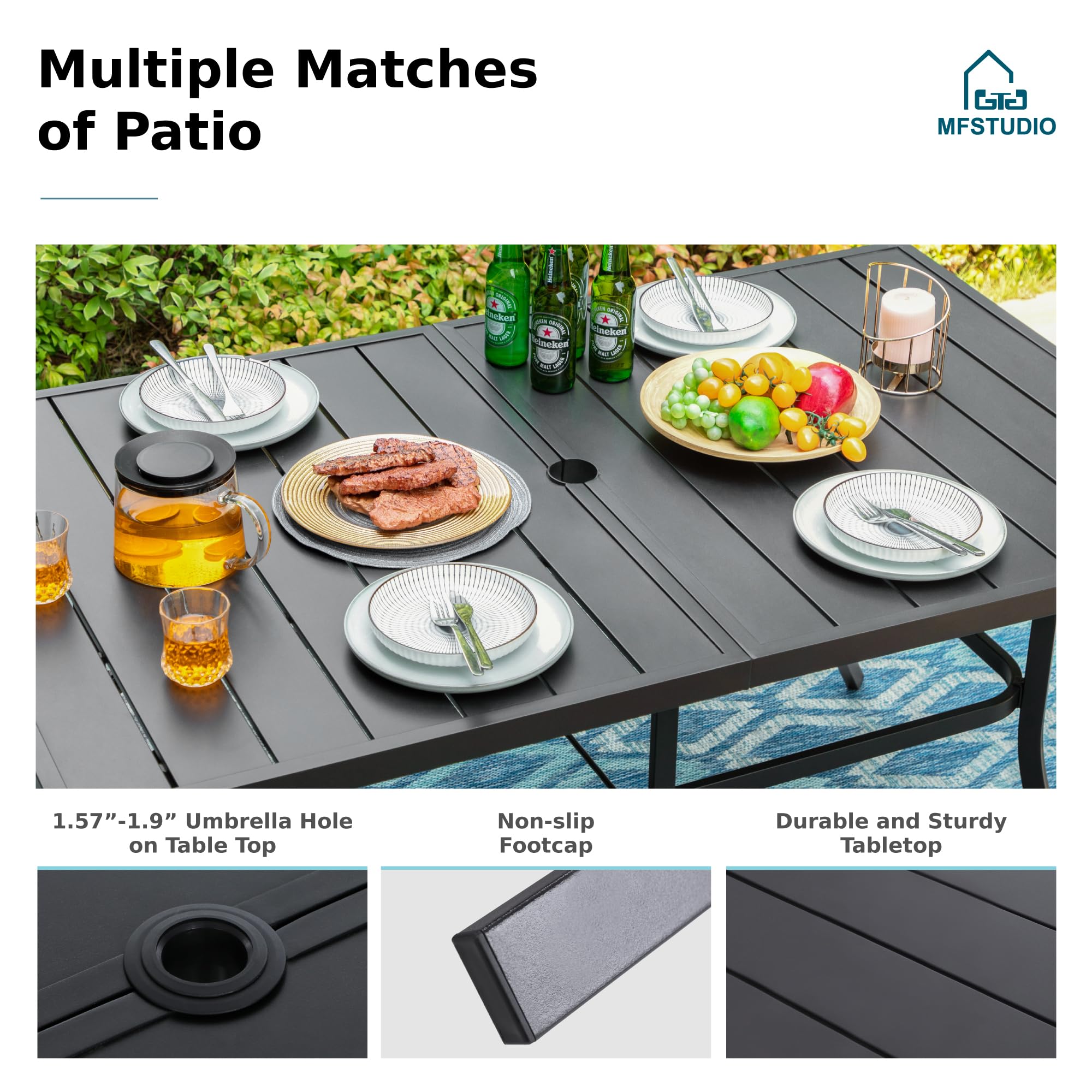 MFSTUDIO 7-Piece Outdoor Dining Set - 6 Metal Mesh Chairs & 1 Steel Rectangle Table with Umbrella Hole - Black Patio Furniture for Garden, Backyard, Poolside & Outdoor Entertaining