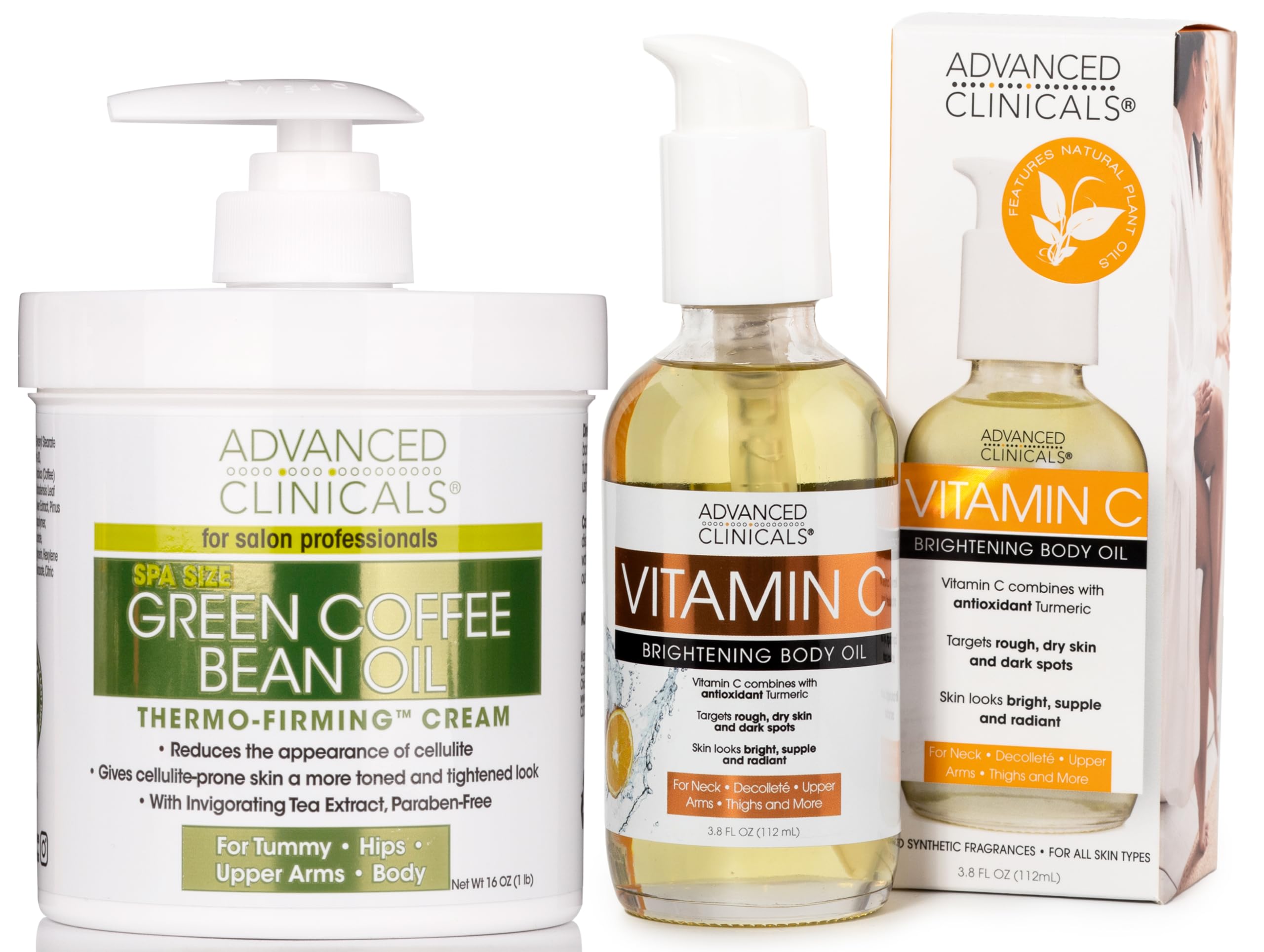 Advanced Clinicals Green Coffee Bean Oil Firming Cream & Vitamin C Body Oil Set - Anti-Cellulite Treatment for Smooth, Tight Skin | Perfect for Post-Workout Recovery & Nighttime Skincare Routine