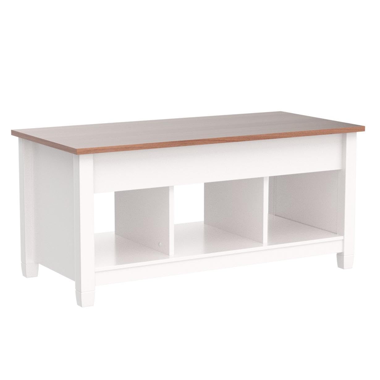 Lift Top Coffee Table with Hidden Storage Compartment & Display Shelves - Retro Style Living Room, Bedroom & Office Furniture - White & Brown Tea Dining Table for Small Spaces & Home Decor
