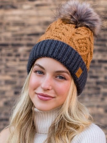 Panache Camel & Dark Grey Cable Knit Pom Beanie - Winter Warm Knitted Hat for Women & Men - Perfect for Skiing, Snowboarding & Cold Weather Fashion