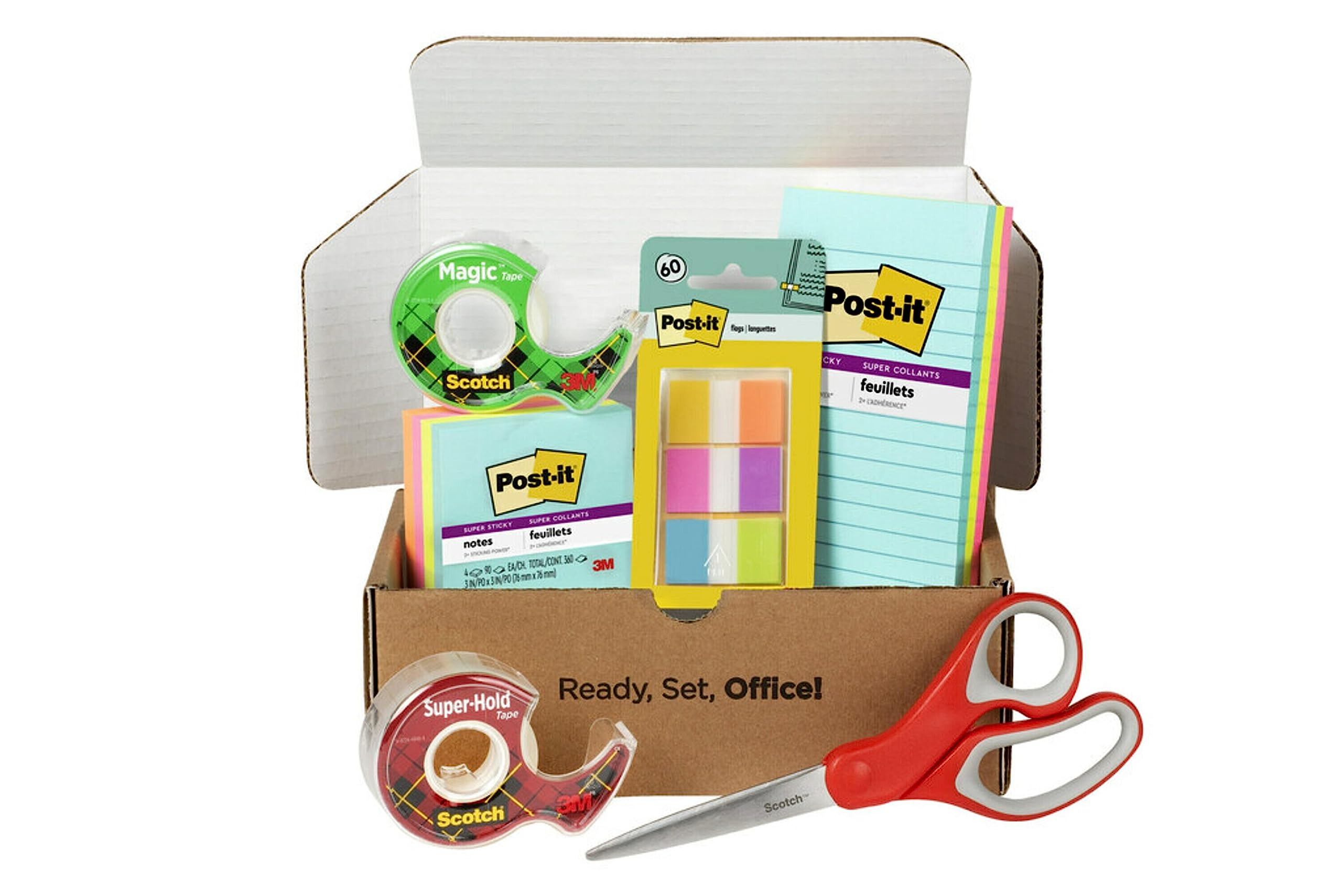 Post-it and Scotch Brand Essentials Pack - Super Sticky Notes, Flags, Magic Tape, Super Hold Tape & Multi-Purpose Scissors - Perfect for School, Office, Home Organization & DIY Projects