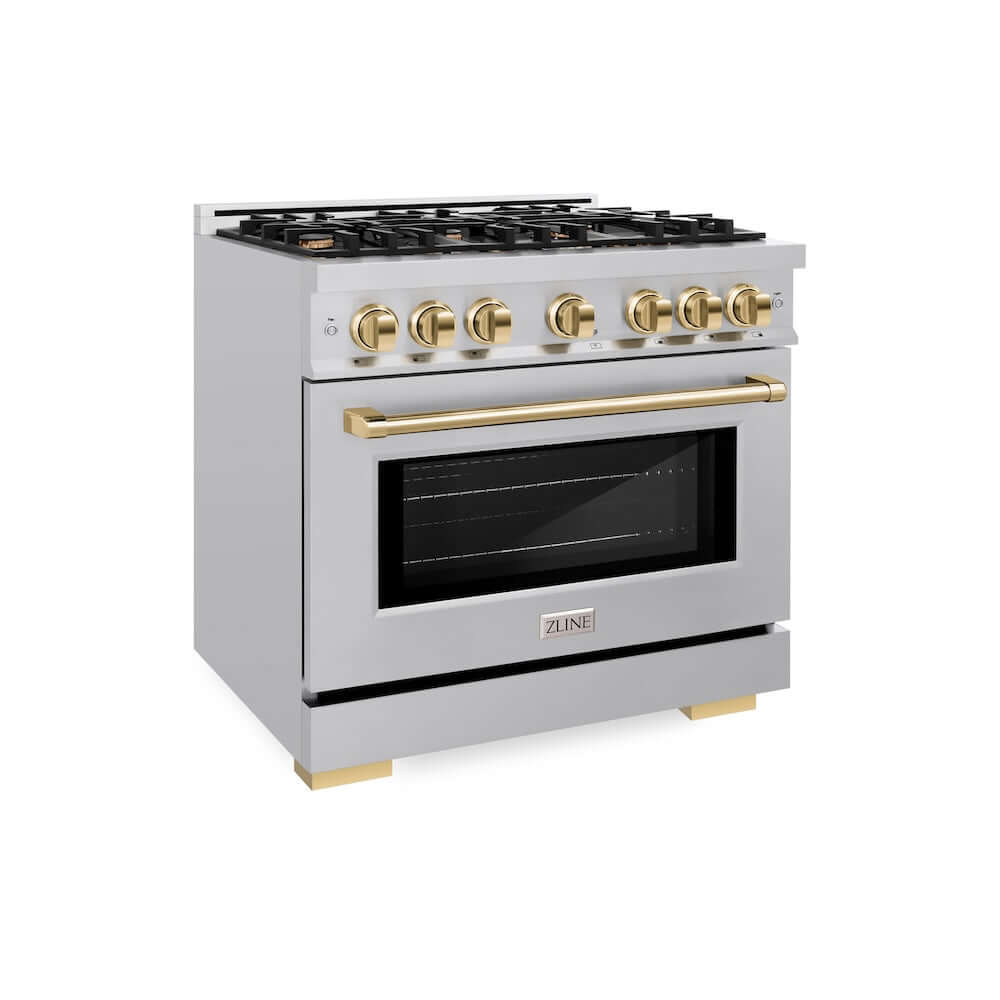 ZLINE Autograph Edition 36 Inch 5.2 Cu Ft Gas Range with 6 Burner Cooktop & Convection Oven - Stainless Steel with Polished Gold Accents (HGRZ 36 G) - Perfect for Professional Kitchens & Luxury Home Cooking