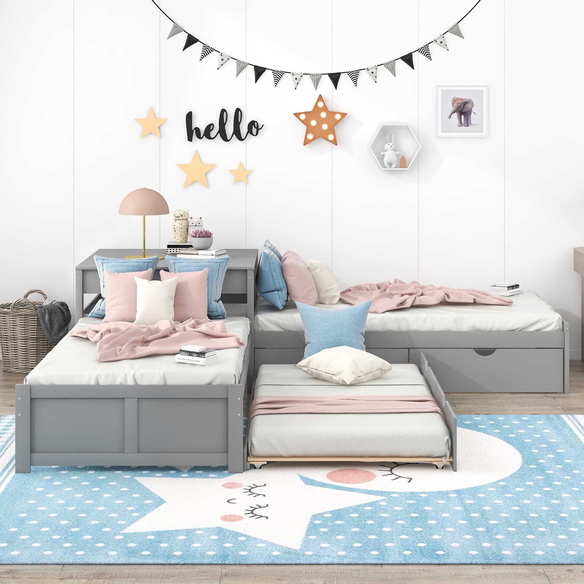 SOFTSEA L-Shaped Bed Frame with Trundle and Storage Drawers - Low Profile Corner Bed Platform with Built-in Nightstand for Small Spaces | Perfect for Studio Apartments, Dorm Rooms & Kids' Bedrooms