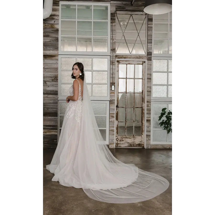 Elegant Cathedral Wedding Veil V2103C - Long Bridal Veil with Lace Trim for Church Ceremonies & Formal Weddings