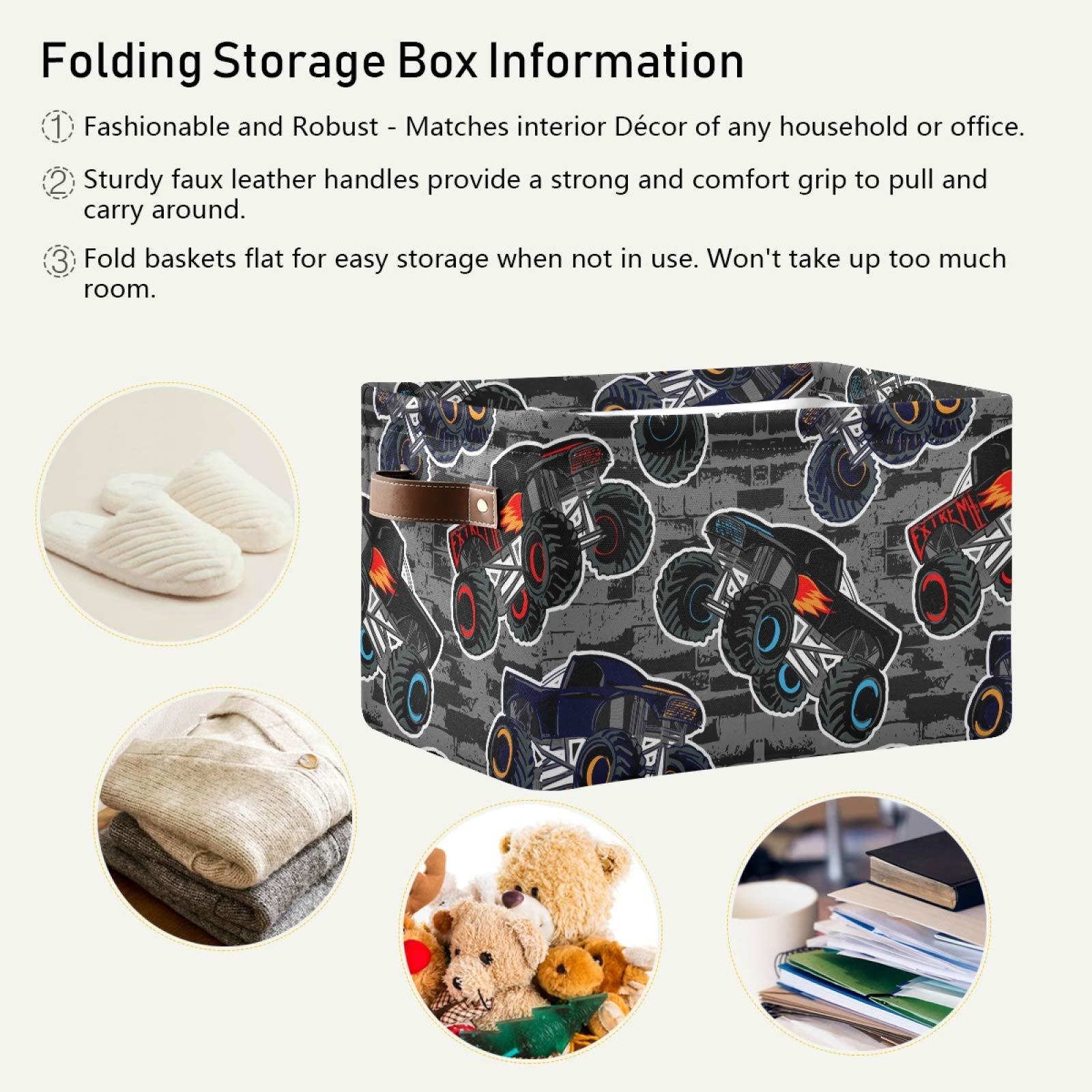 Susiyo Large Foldable Storage Bin - Monster Truck Car Fabric Collapsible Baskets (2-Pack) with PU Handles for Home Organization | Perfect for Shelves, Closet, Bedroom & Living Room Storage | Great for Kids' Toys, Blankets & Household Items
