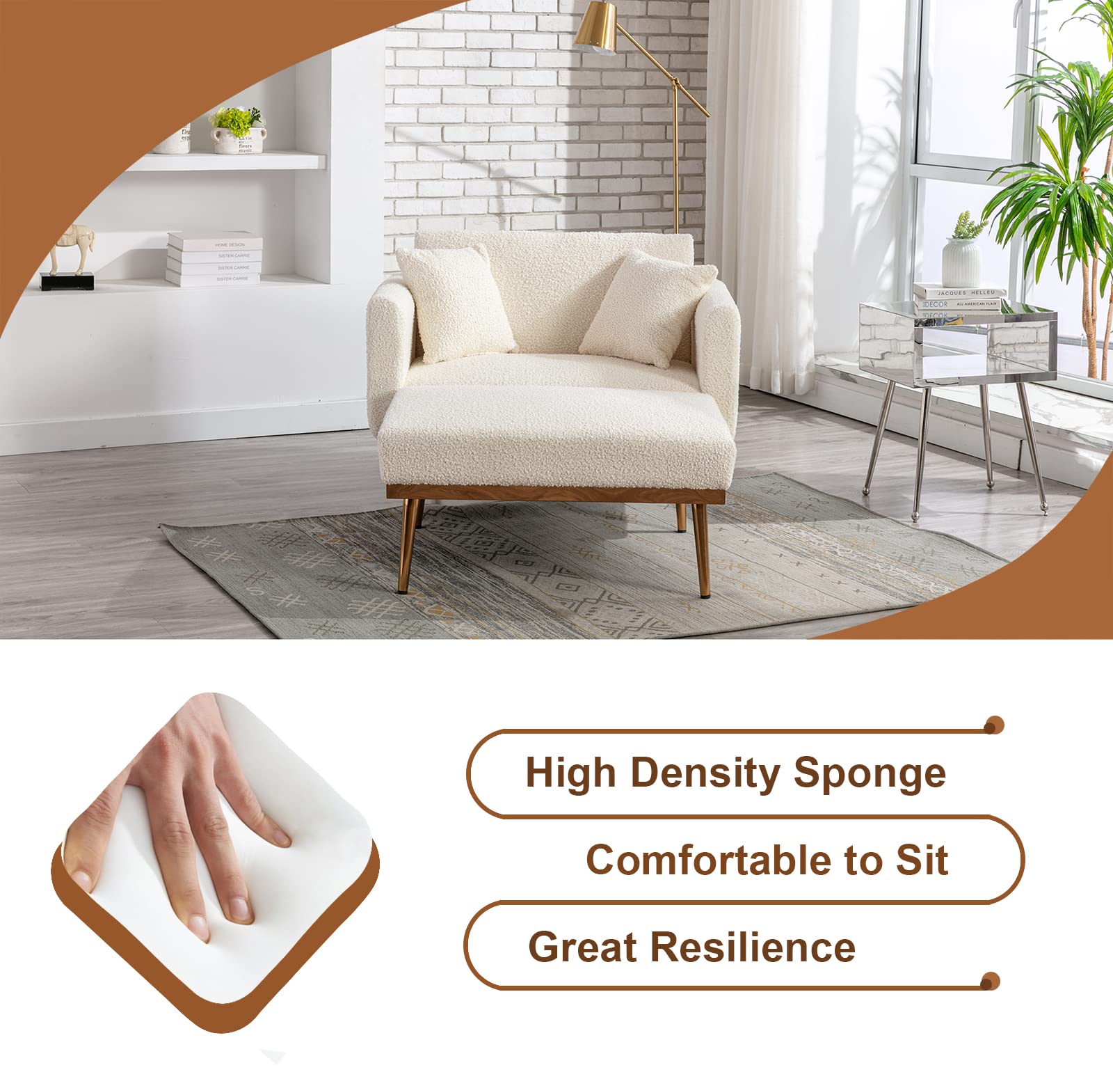 KINFFICT Convertible Chaise Lounge Chair - Modern Adjustable Lounger with 3 Positions, Indoor Sleeper Sofa Bed Includes 2 Pillows, 400 LBS Weight Capacity, Creamy White - Perfect for Living Room, Bedroom, Office & Small Space Relaxation
