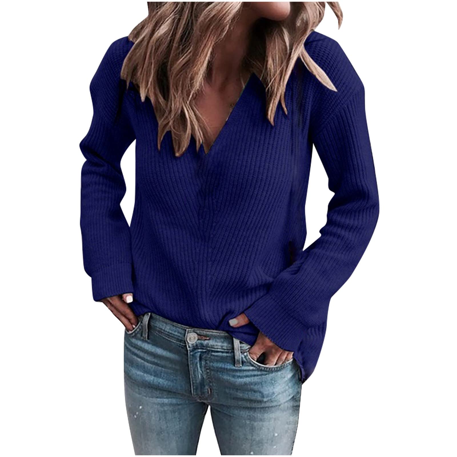 FMCHICO Women's Long Sleeve Knit Tunic Top - V Neck Henley Blouse Loose Fit Casual Shirt for Work, Fall Outfits & Everyday Wear