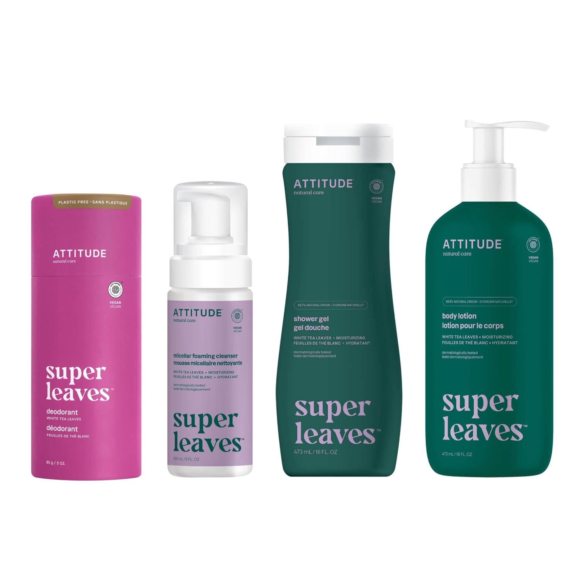 ATTITUDE Plastic-Free Deodorant, Micellar Foaming Cleanser, Body Wash & Lotion Bundle | EWG Verified, Dermatologist Tested, Vegan, White Tea Scent | Daily Skincare & Body Care Routine for Sensitive Skin