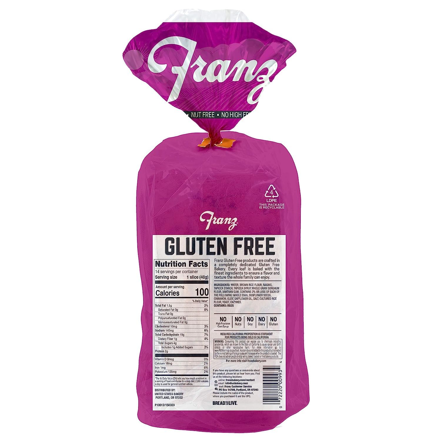 Franz Bakery Gluten Free Raisin Bread - 2 Pack (2 x 20oz) | Healthy Breakfast & Snack | Perfect for Celiac Diet, Vegan Lifestyle & Allergy-Friendly Baking