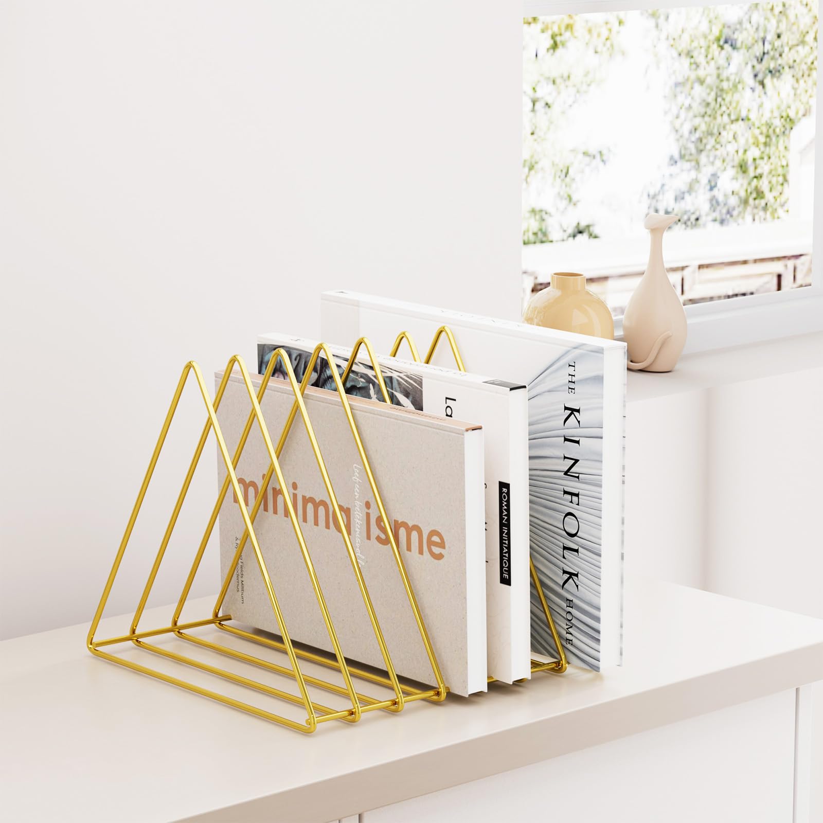 Metal Wire Magazine Holder - 7-Section Desk Organizer for Office, Vinyl Record Storage, Decorative File Folders (Gold, Pack of 2) - Perfect for Home Office, Study Room & Workspace Organization