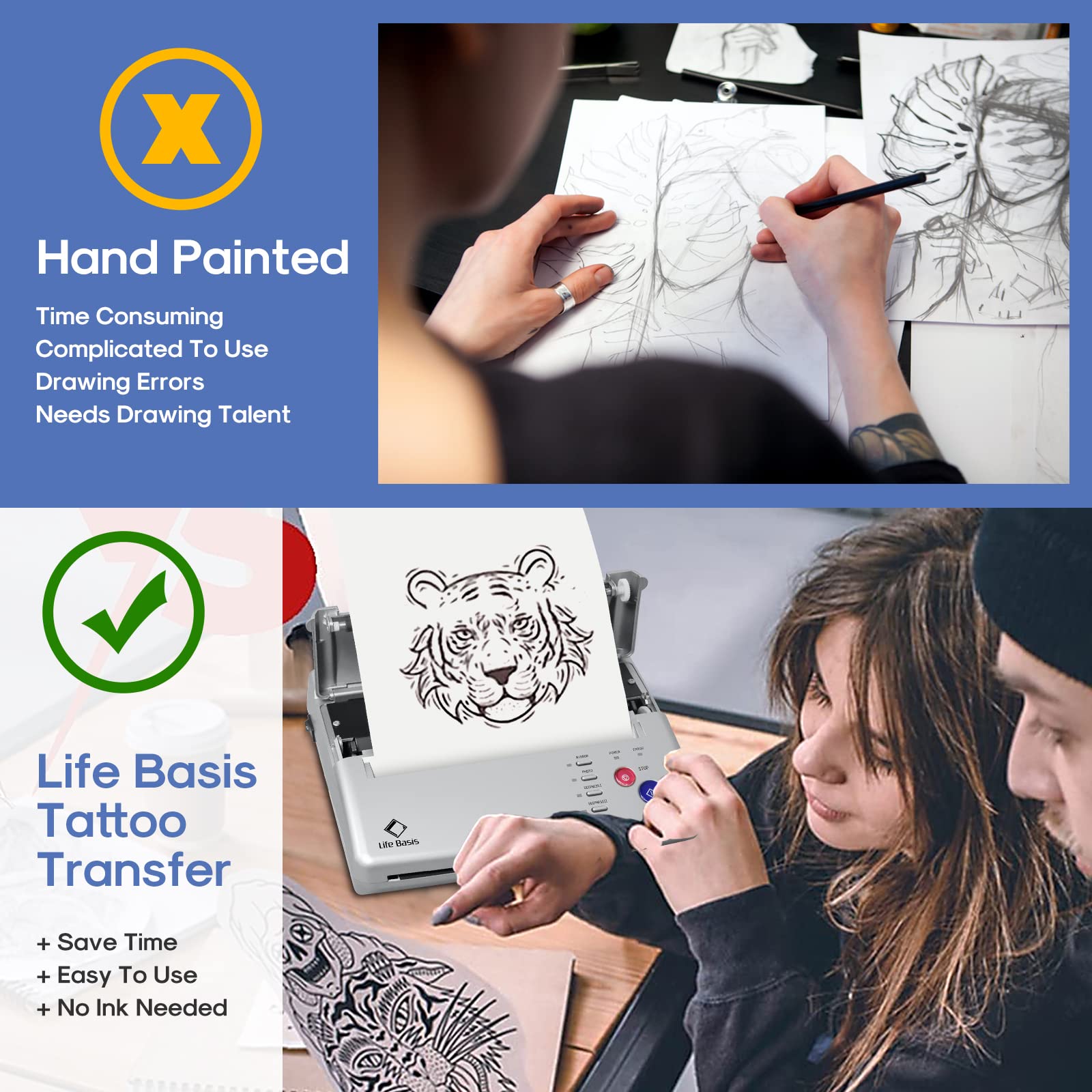 Professional Thermal Tattoo Stencil Printer Machine Kit - LifeBasis Tattoo Transfer Stencil Maker with 20 Sheets Transfer Paper for Tattoo Artists & Beginners - Perfect for Home Studios & Professional Tattoo Shops