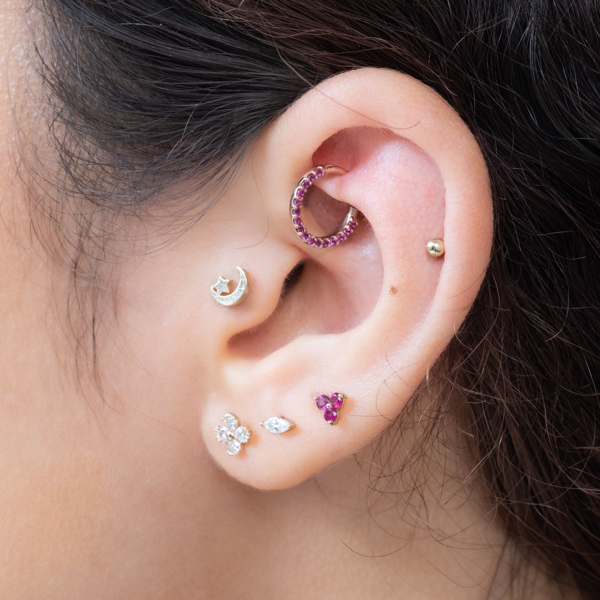 14K Yellow Gold Ruby Studded Clicker Hoop Earrings - Elegant Dainty Jewelry for Women, Perfect for Everyday Wear, Date Nights & Special Occasions
