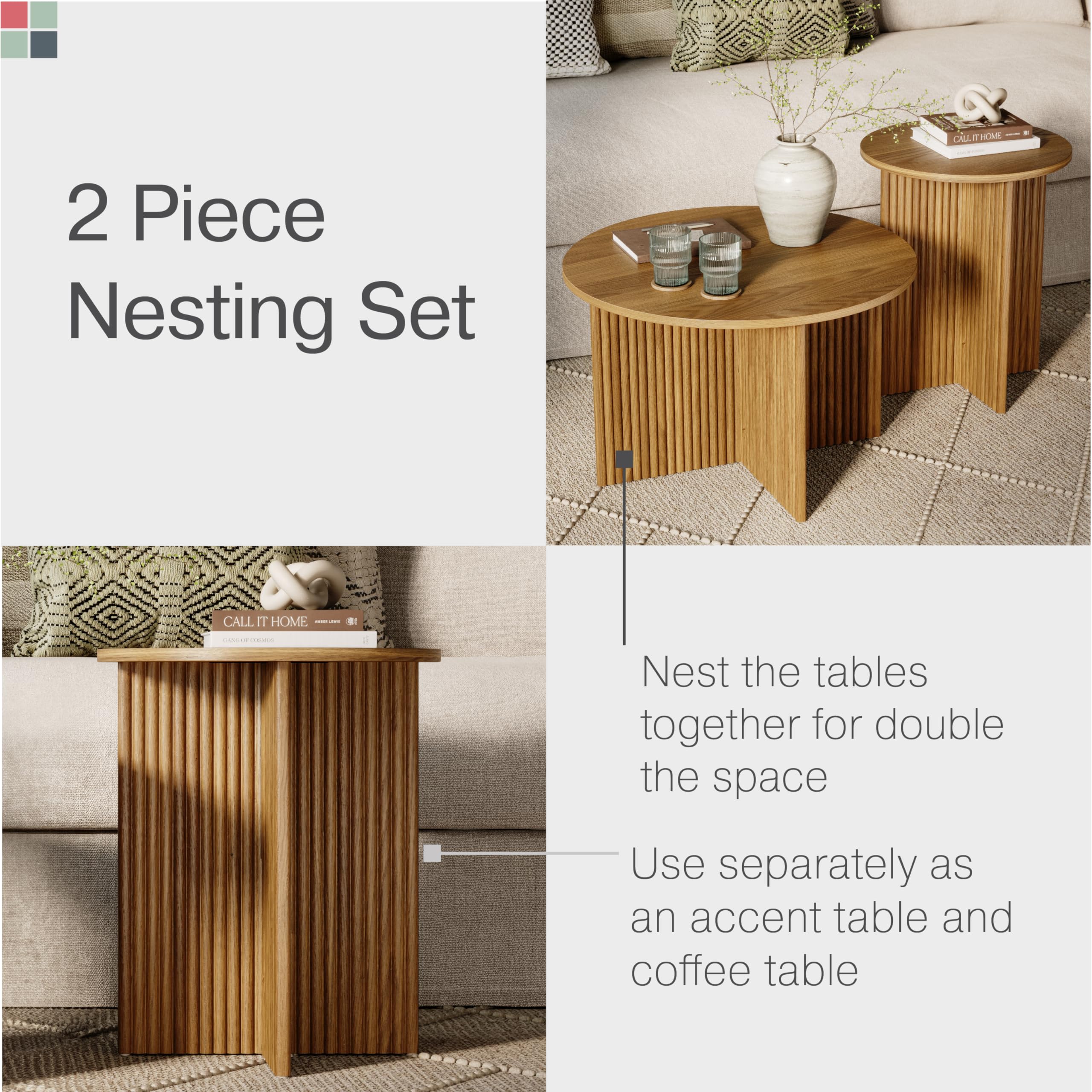 Modern Round Fluted Nesting Coffee Table Set of 2 - Solid Wood Base with Wood Grain Veneer Top in Medium Oak - Stylish Living Room Furniture for Small Spaces - Perfect for Coffee, Books, and Living Room Decor