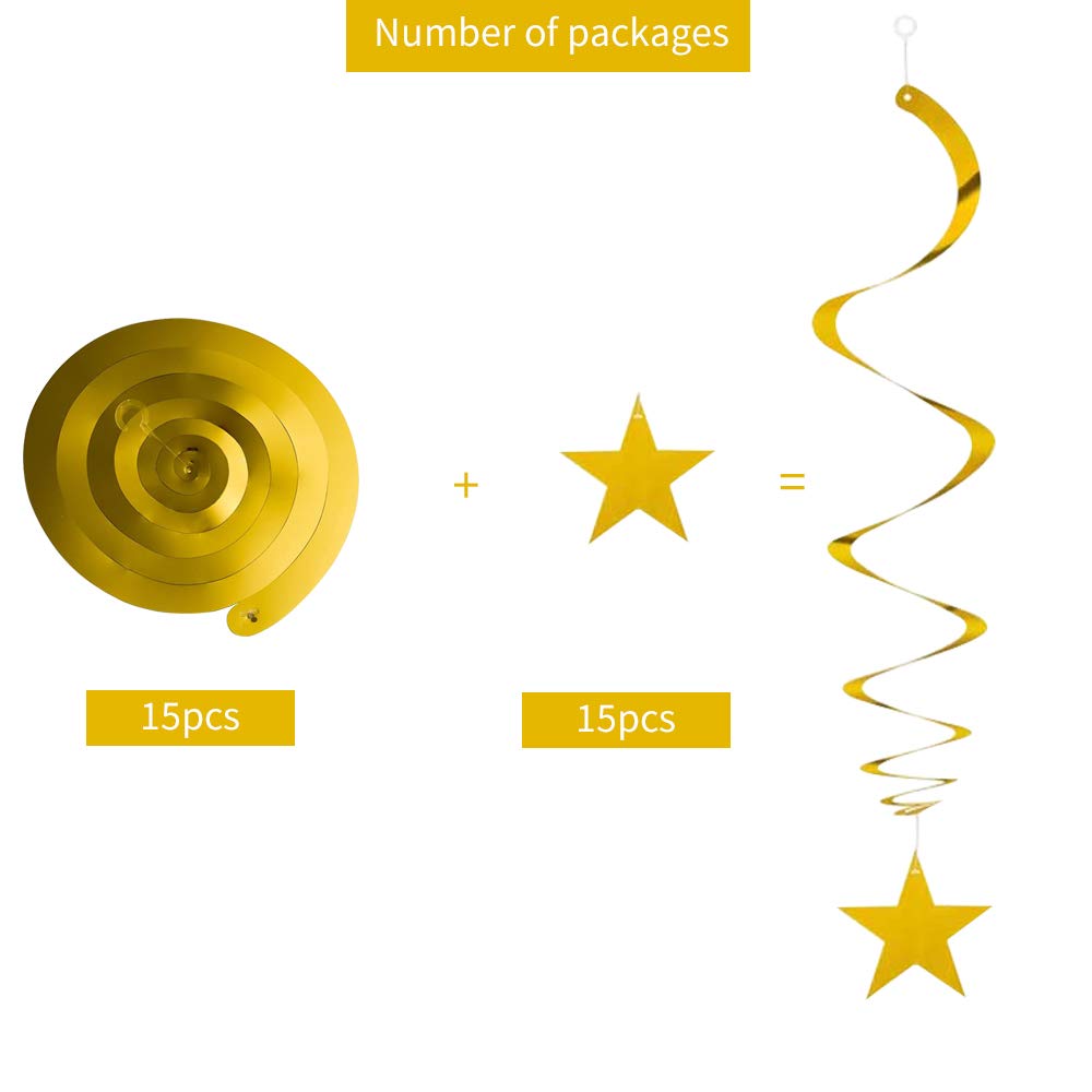 BEISHIDA 15-Pack Gold Star Hanging Swirl Decorations - Elegant Party Supplies for Graduation, Wedding, Baby Shower & Birthday Celebrations - Perfect for Indoor & Outdoor Event Decor