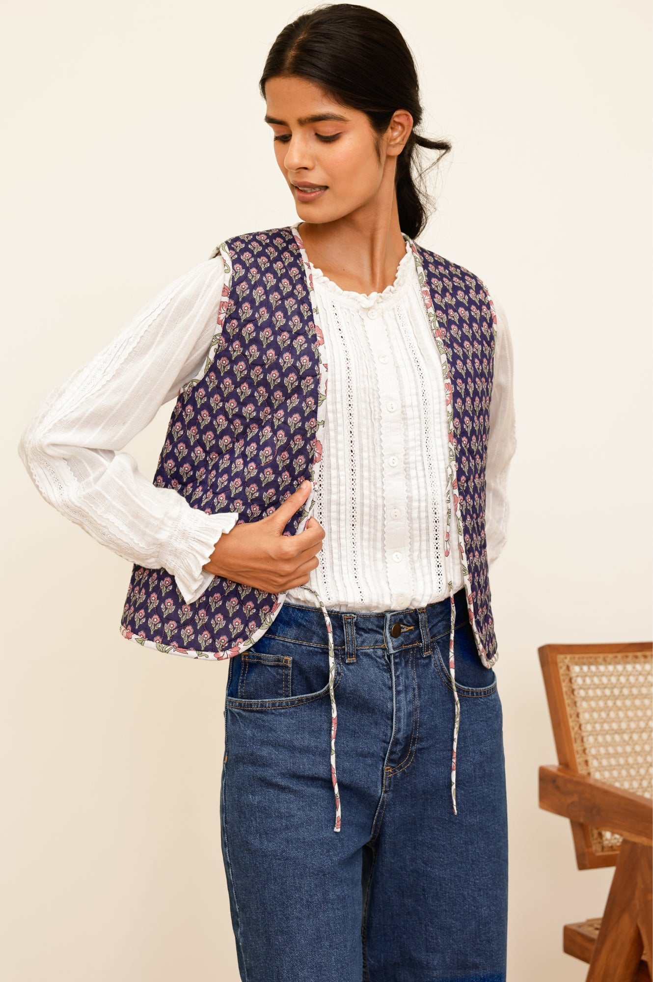 Arlo Quilted Organic Cotton Vest for Women - Primrose Stamp Navy/Pink - Lightweight Layering Piece for Spring & Fall Outfits
