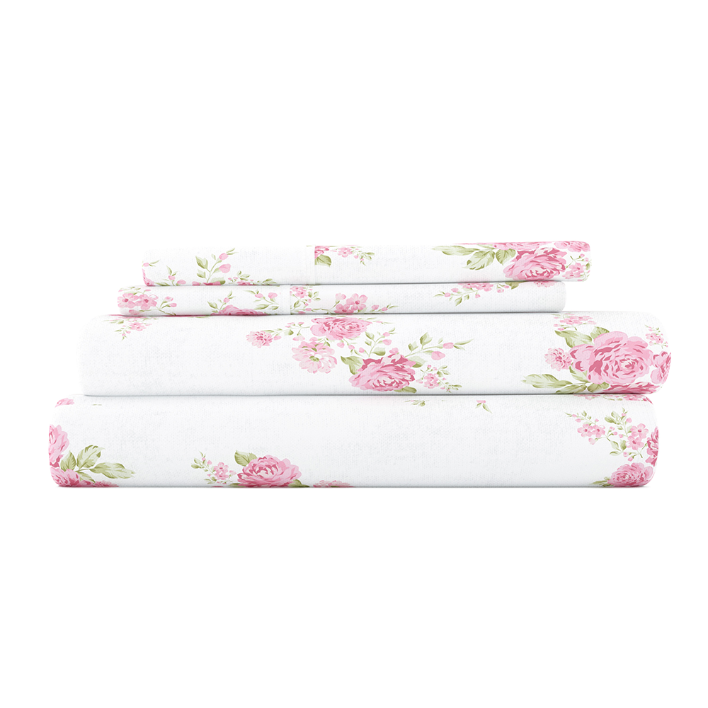 4-Piece Rose Bunch Flannel Sheet Set - Soft & Cozy Queen/King Size Bed Sheets - Perfect for Winter Warmth & Home Decor