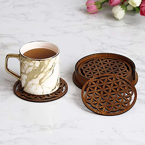 Handmade Wooden Tea Coasters Set of 6 - Rangoli Style Decorative Coaster Holder for Coffee, Tea & Mugs - Multi Color Wooden Drink Coasters for Home, Office & Party Use
