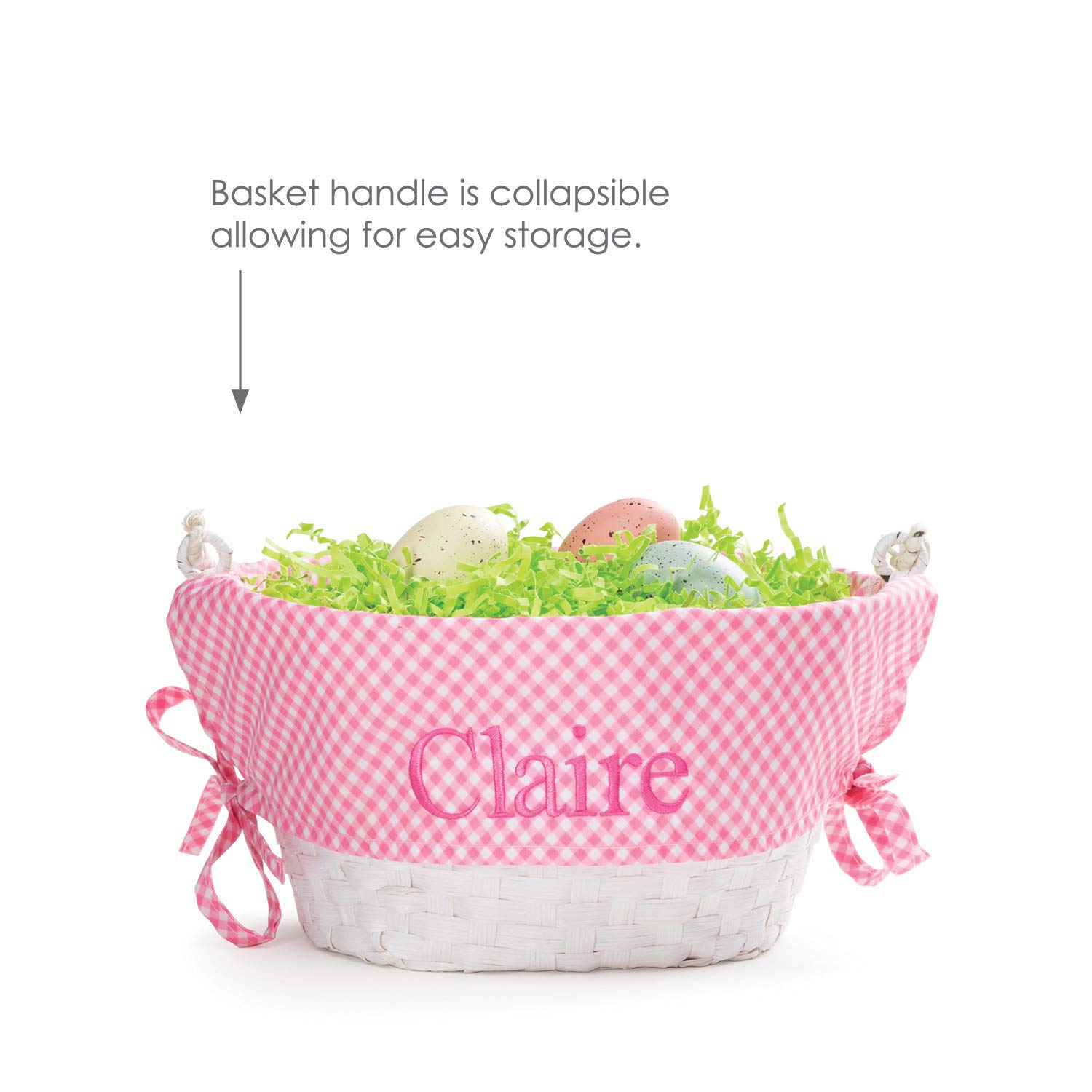 Personalized Easter Basket with Handle - Custom Name Pink Gingham Liner & White Woven Design | Easter Egg Basket for Kids & Adults | Perfect Easter Gift for Egg Hunts, Church Events & Spring Celebrations