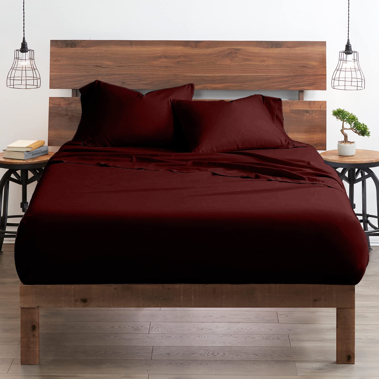 Premium 100% Certified Giza Cotton Pillowcase & Sheet Set - Queen XL Size, Soft Sateen Weave, Breathable Egyptian Cotton Bedding for 18-Inch Deep Pocket Mattress - Wine Red - Perfect for Luxurious Sleep & Hotel-Style Comfort