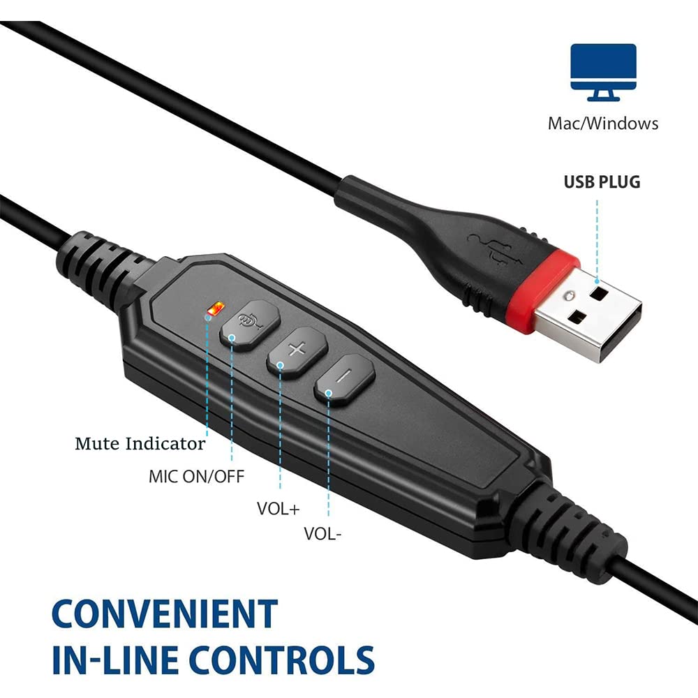 Noise Cancelling USB Headset with Microphone - Computer Headphones for PC, Laptop, Call Center, Office - Compatible with Skype, Zoom, MS Teams, Softphone, Online Meetings - Perfect for Remote Work, Webinars & Customer Support