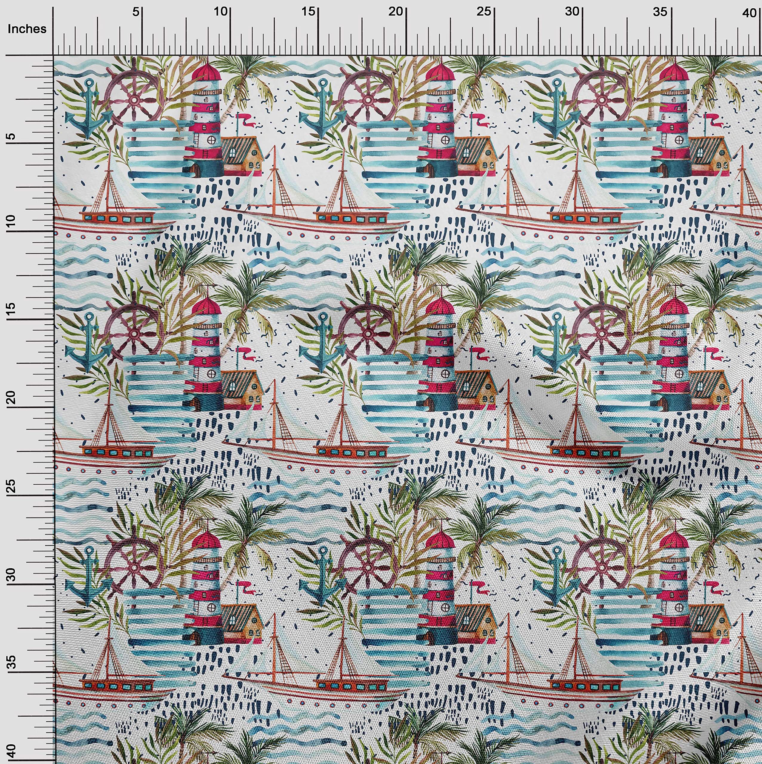 oneOone Polyester Spandex Teal Green Ocean Lighthouse Print Fabric by The Yard - 56 Inch Wide Dress Material for DIY Clothing, Home Decor & Craft Projects
