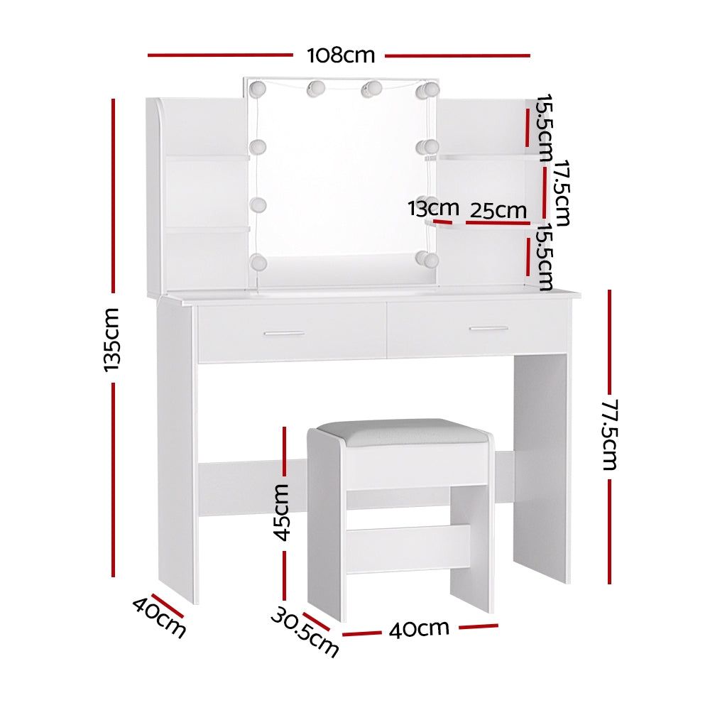 Artiss White Dressing Table Set with Stool & 10 LED Bulbs - Vanity Makeup Desk for Bedroom, Bathroom & Home Decor (Dulcea Collection)