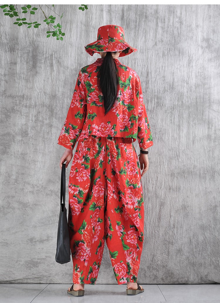 Women's Summer Linen Outfit - Floral Peony Print Short Sleeve Top & Maxi Harem Pants Set | Boho Chic Beachwear, Vacation Outfit, Casual Loungewear