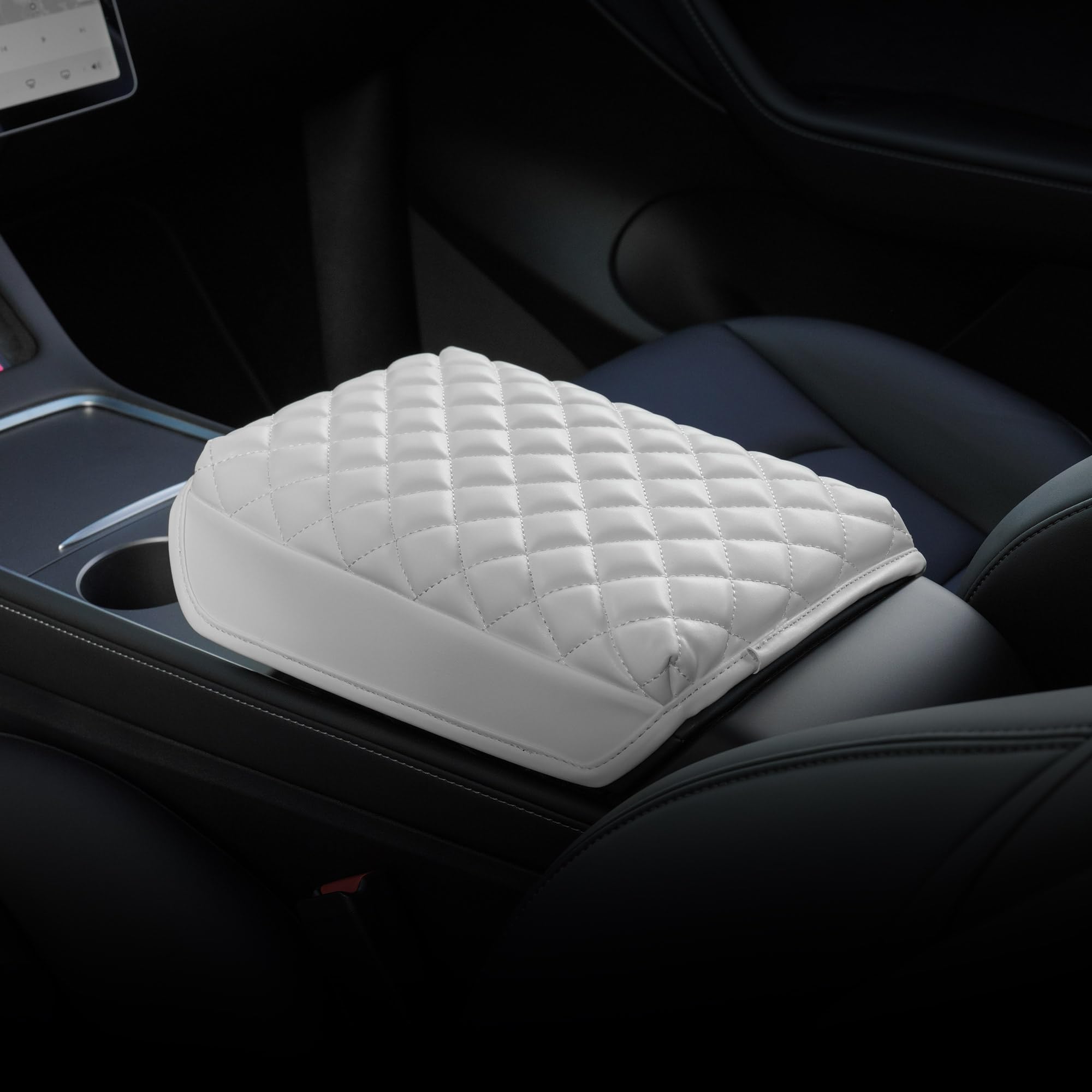 KMMOTORS Premium Quilted Vegan Leather Center Console Cover for Tesla Model Y & Model 3 - White Armrest Cushion & Console Protector Accessories | Perfect for Road Trips & Daily Commuting