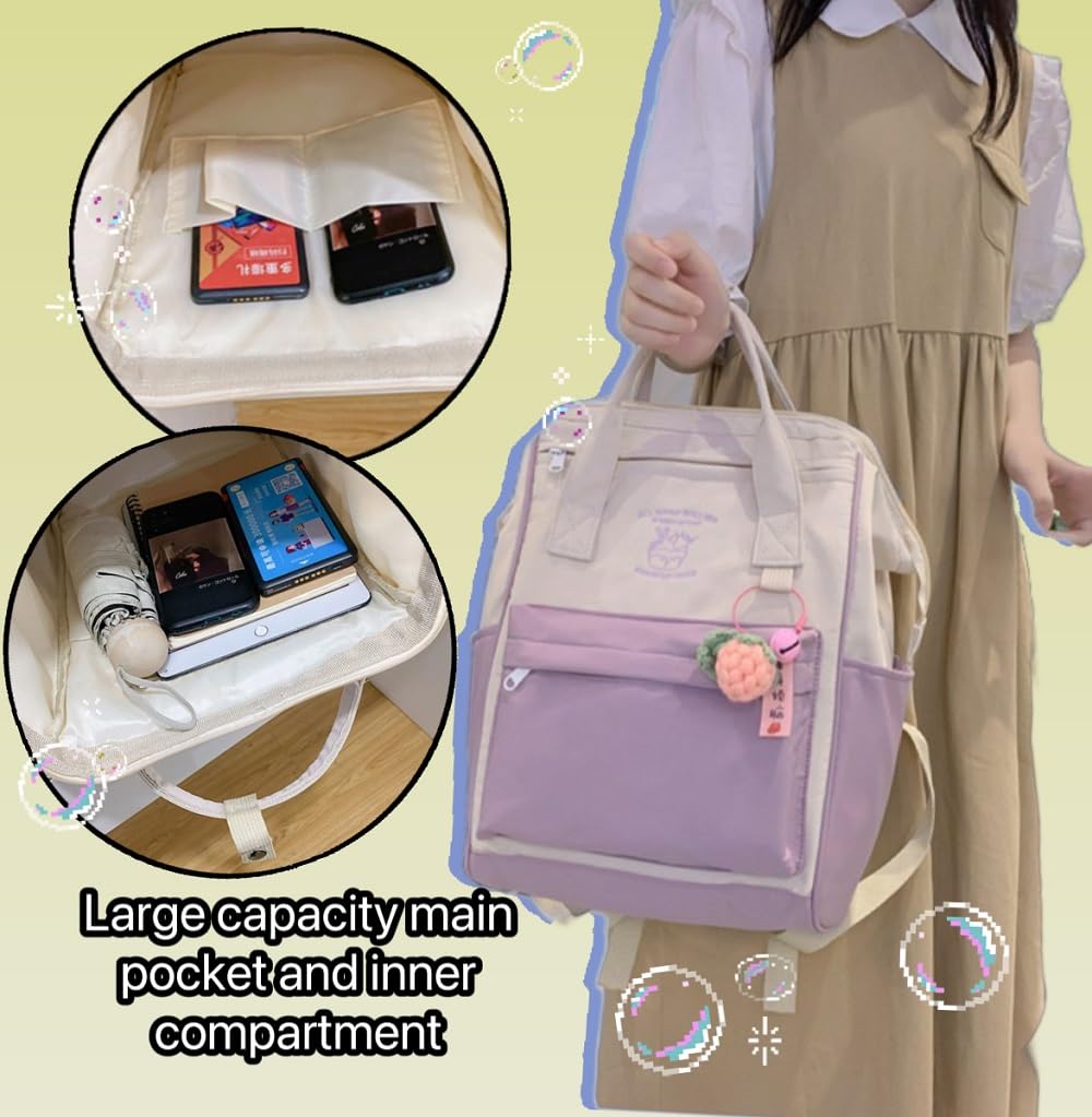 Cute Kawaii Backpack for Women - Stylish Pink Daypack with Accessories, Fashionable Travel Bag for School, Work & Casual Outings