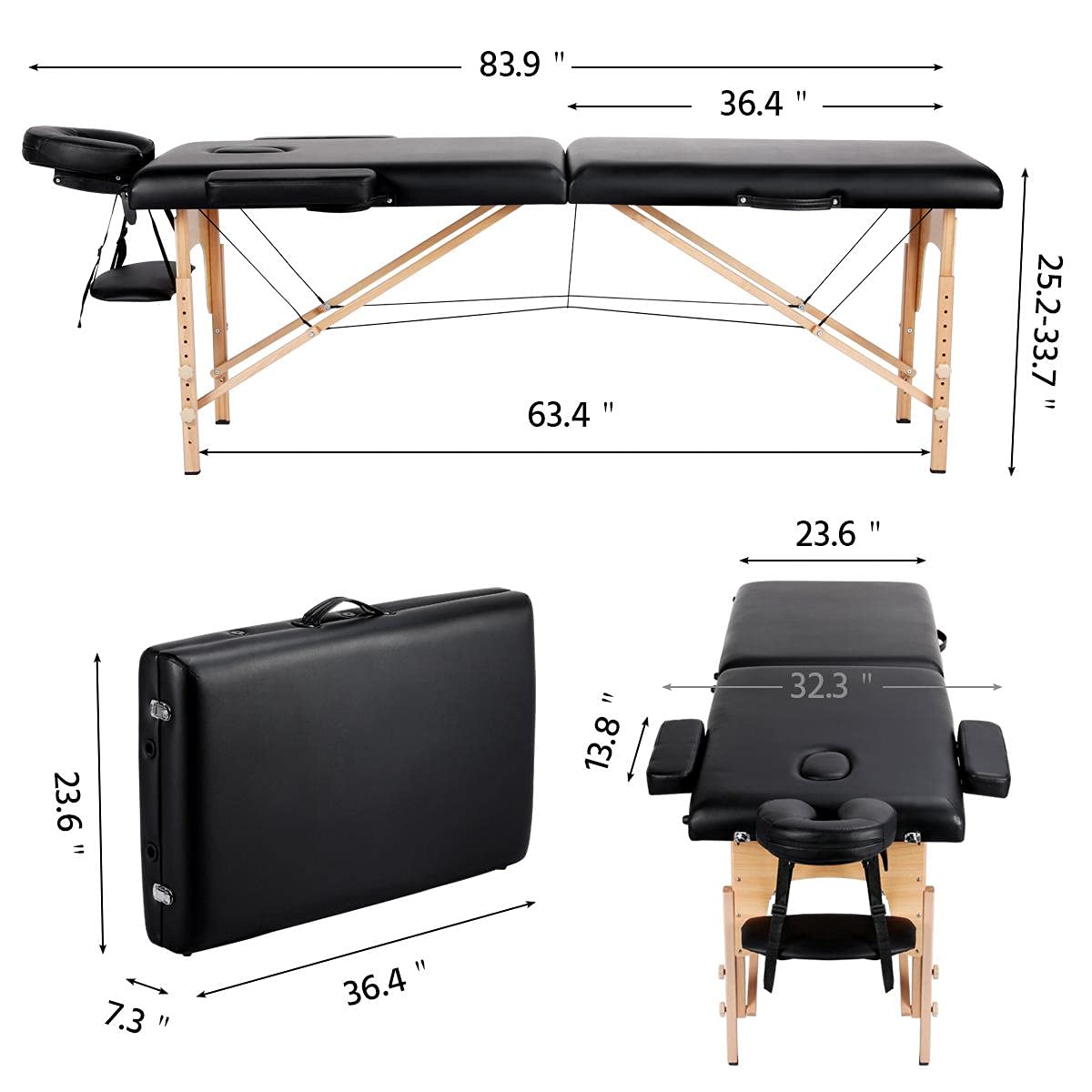 Yaheetech Portable Massage Table - Foldable Spa Bed for Lash Extensions & Facials, Adjustable 2-Fold Design with Non-Woven Carrying Bag, 24 Inch, Black - Perfect for Home Spa, Salon Professionals & Mobile Therapists