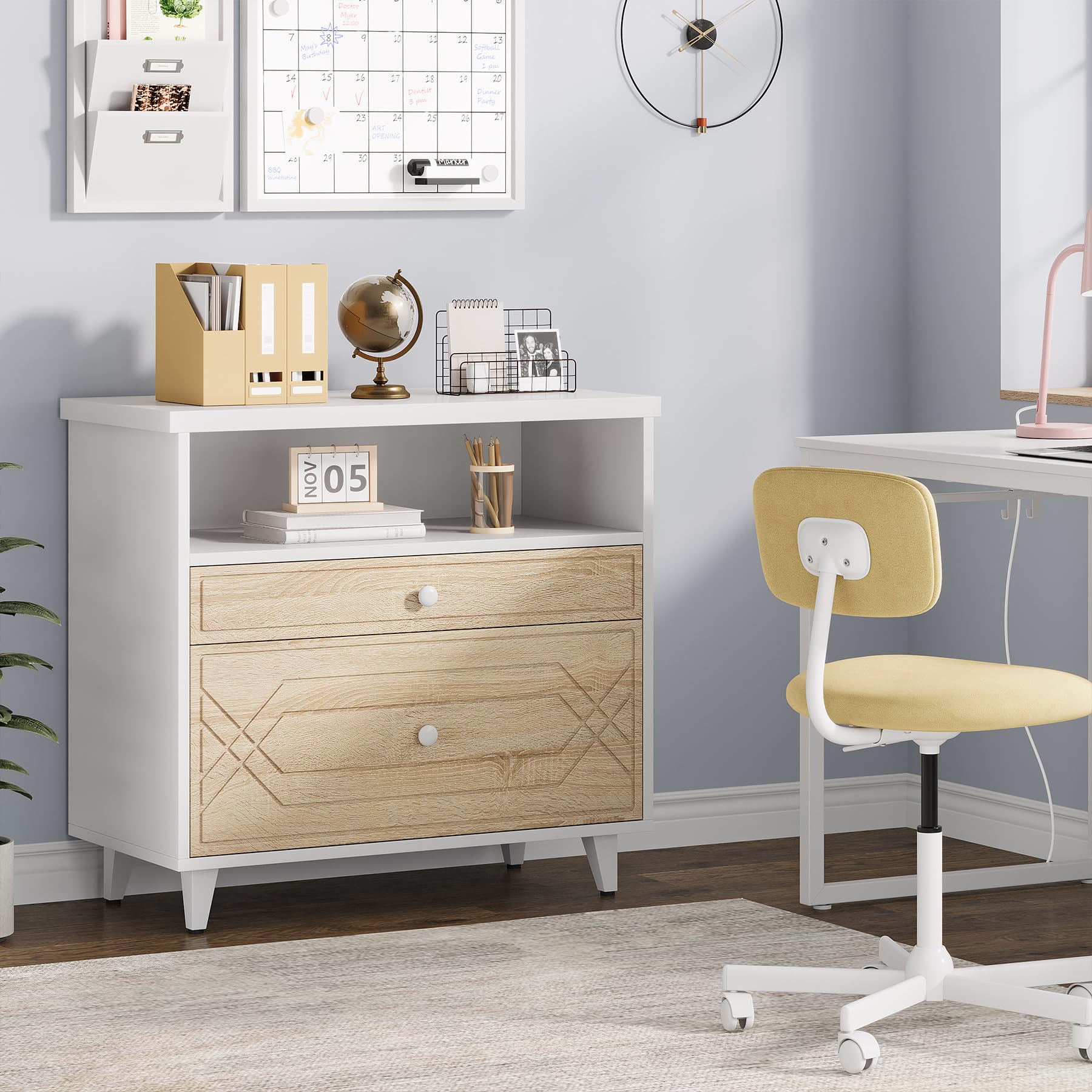 2-Drawer Lateral File Cabinet with Shelf - Modern Industrial Office Storage for A4/Letter/Legal Size Documents - White & Light Brown Home Office Cabinet | Perfect as Printer Stand & Document Organizer for Workspaces