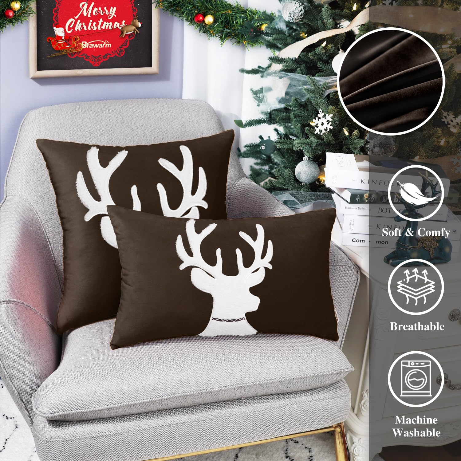 BRAWARM 18x18 Inch Christmas Pillow Cover - Embroidered Coffee Reindeer Design, Soft Velvet Decorative Throw Pillow for Couch, Bed, Sofa - Perfect for Living Room & Holiday Home Decor