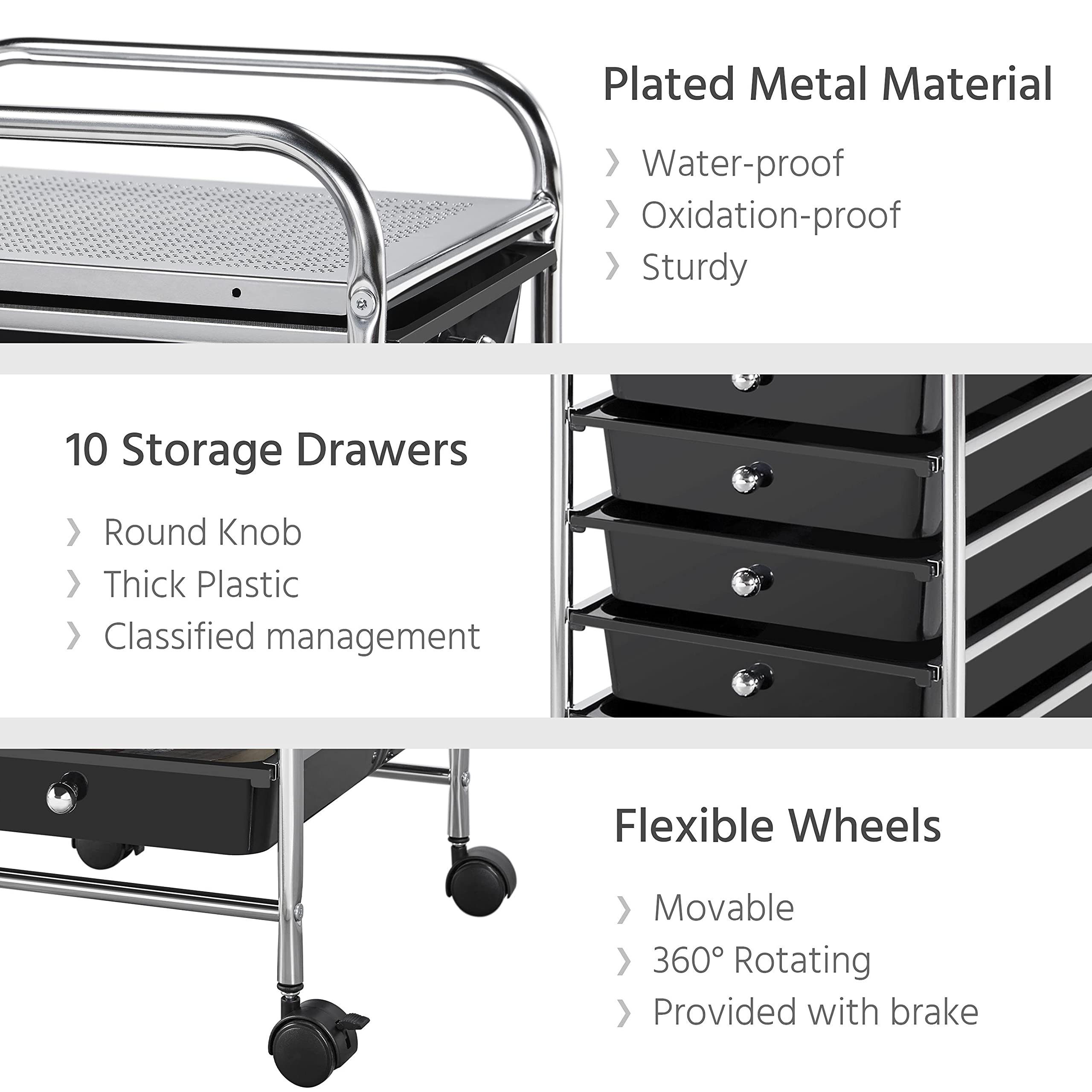Yaheetech 10-Drawer Rolling Cart Organizer - Black | Art & Craft Storage for Home & Office