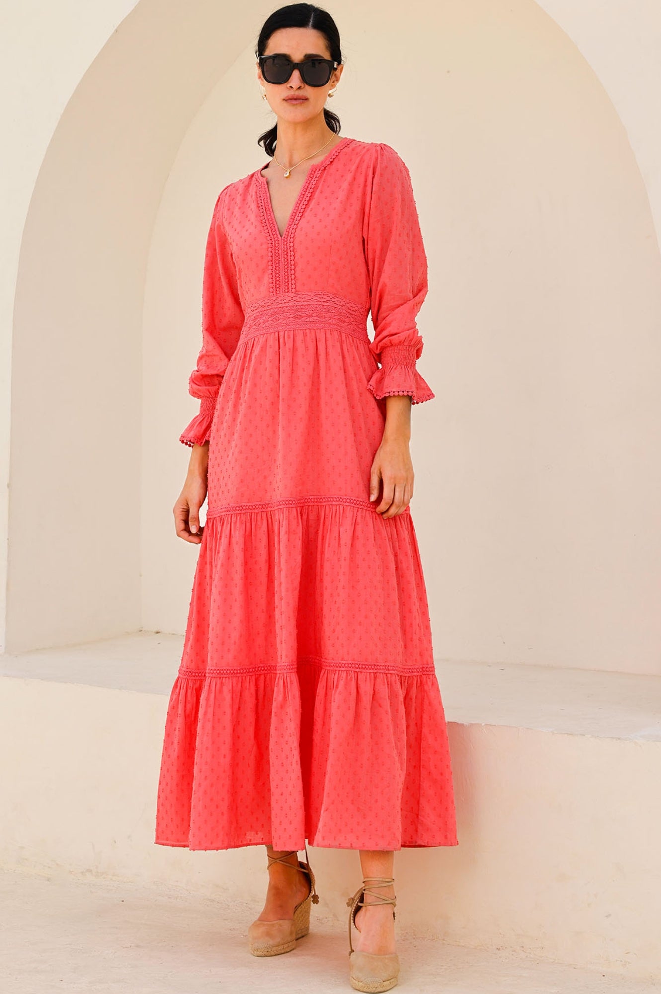 Organic Cotton Dobby Dress for Women | Breathable Summer Casual Dress in Coral | Perfect for Beach Outings, Brunch Dates & Vacation Wear