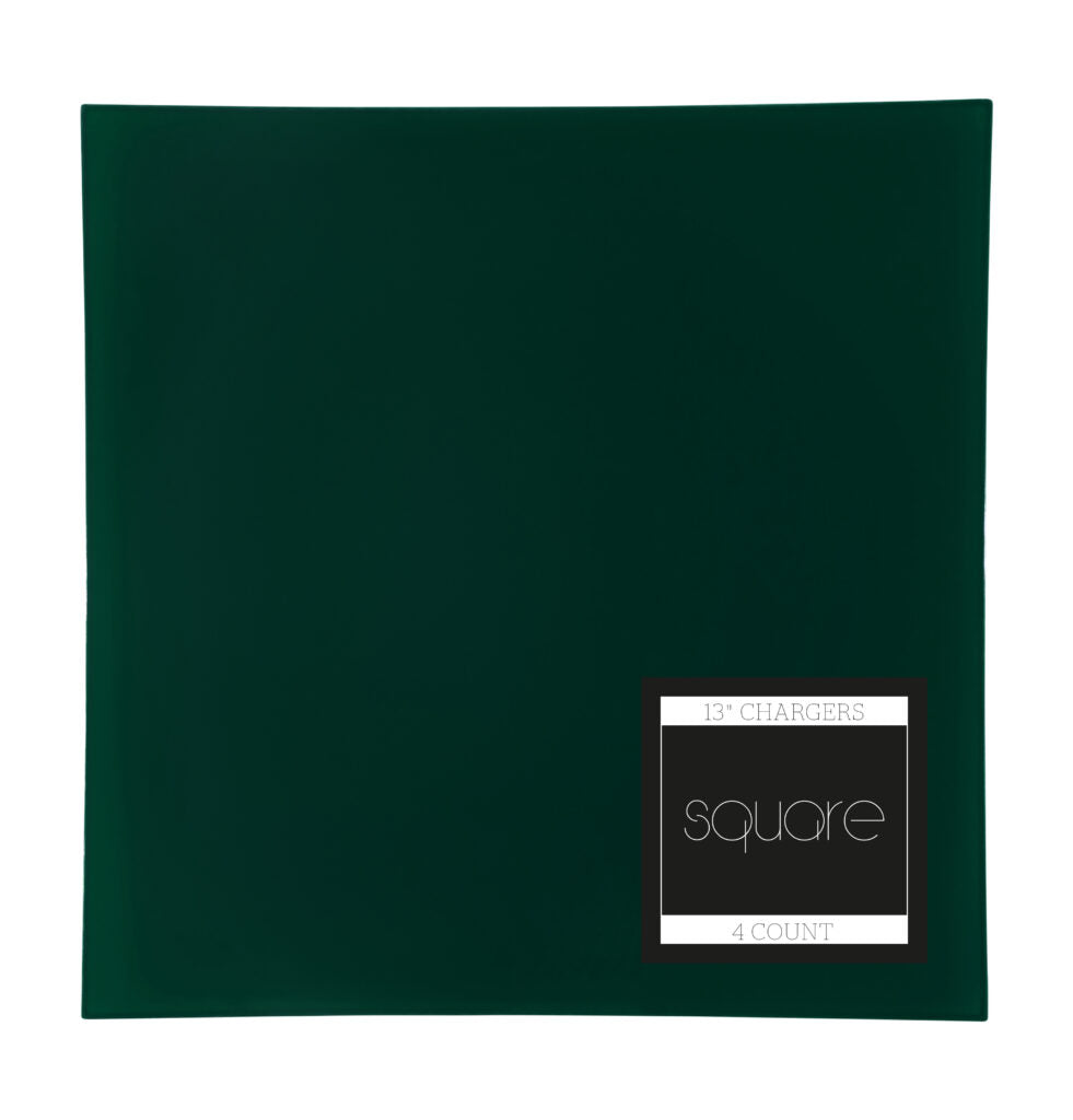 13 Inch Dark Green Square Plastic Charger Plates - Set of 4 | Elegant Dinnerware for Weddings, Parties & Formal Dining