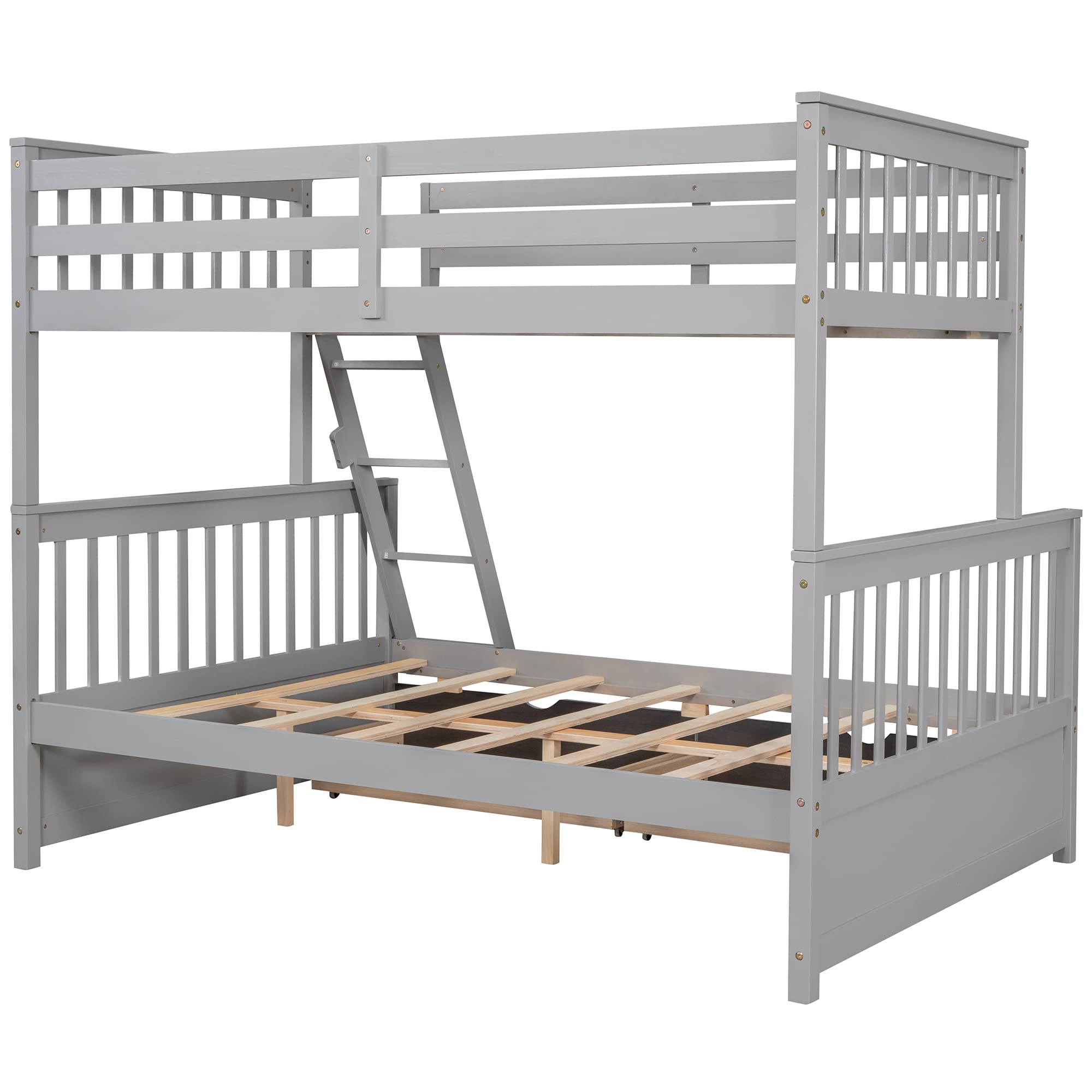 P PURLOVE Twin Over Full Bunk Bed with 2 Storage Drawers, Sturdy Wood Bunk Bed Frame with Ladder, No Box Spring Needed, Space-Saving Gray Bunk Bed - Perfect for Kids' Bedrooms, Guest Rooms & Small Spaces