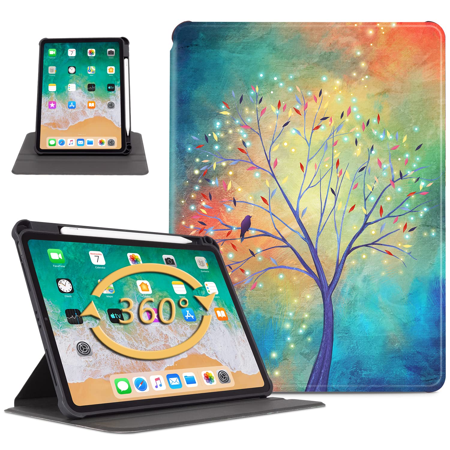 Vimorco iPad Air 5th/4th Generation Case & iPad Pro 11 Inch 3rd/2nd/1st Gen Case - 360° Rotating Pencil Holder, HD Clear Acrylic Back Cover, Lightweight Protective Case with Art Tree Bird Design - Perfect for Work, School & Travel