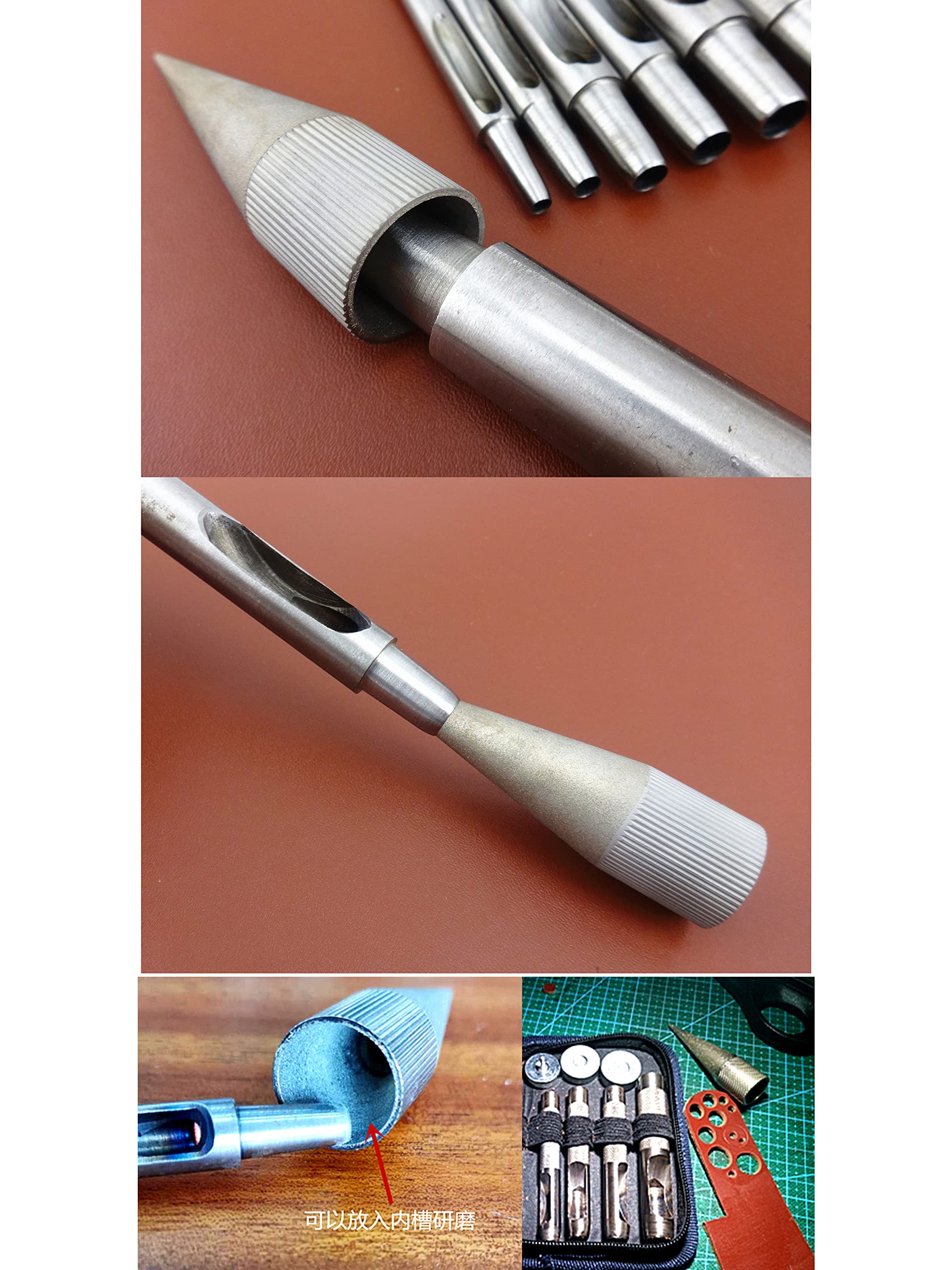 1pc Leathercraft Round Hole Punch with Inside/Outside Emery Polisher - Conical Grinder Sharpening Tool for DIY Leather Crafting & Repair