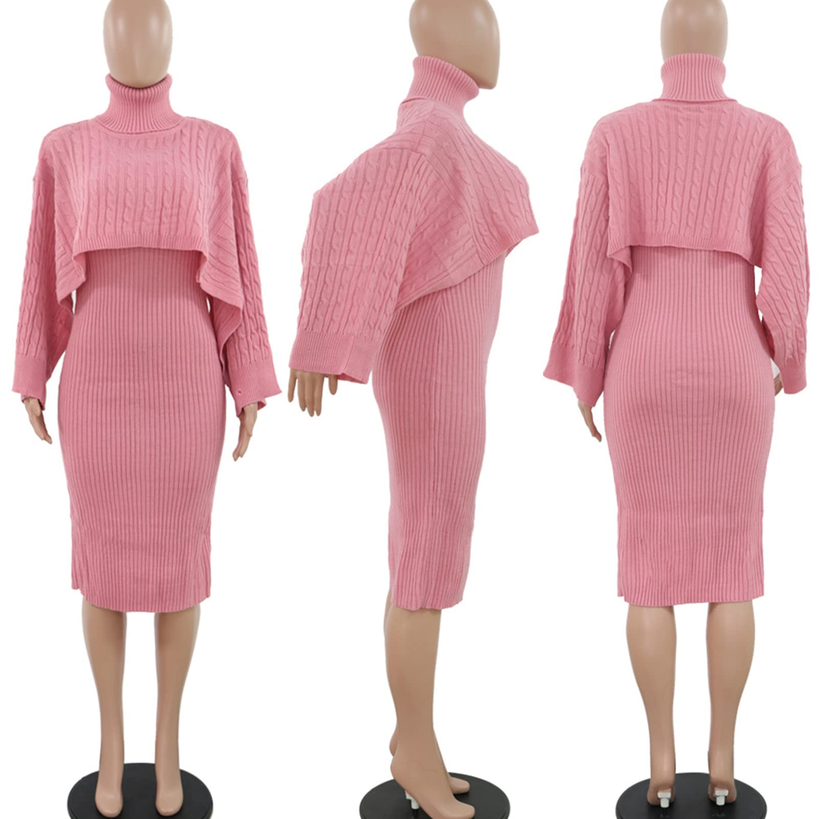 Women's Knitted 2-Piece Outfit Set - Long Sleeve Turtleneck Sweater & Bodycon Midi Dress for Fall Winter Fashion | Office Wear, Date Night, Holiday Party Outfits