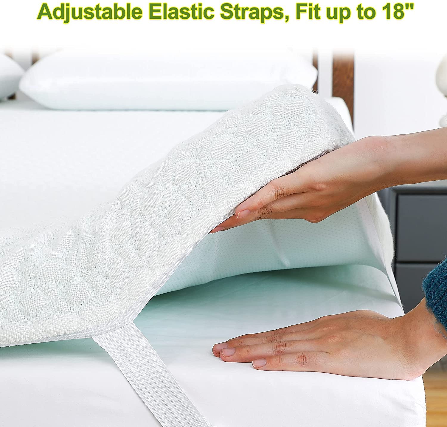 3 Inch Queen Memory Foam Mattress Topper with Zippered Bamboo Cover - Removable & Washable, Green Tea Scented, Adjustable Straps for Ultimate Comfort - Perfect for Back Pain Relief, Guest Beds & Home Use