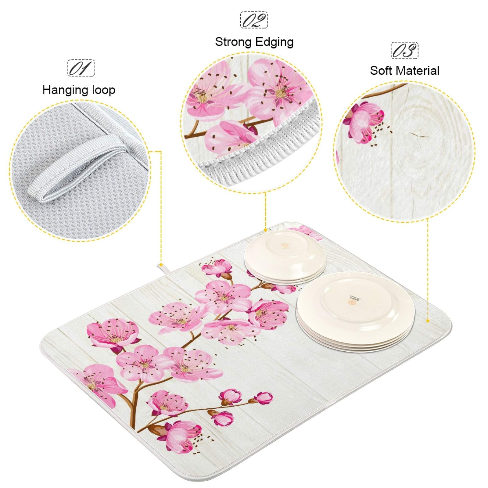 Absorbent Microfiber Dish Drying Mat - 18x16 Inch Reversible Kitchen Counter Pad with Cute Pink Floral Design | Non-Slip Bottle & Dish Drainer for Countertops, Sinks & Drying Racks | Perfect for Kitchens, RVs & Small Spaces