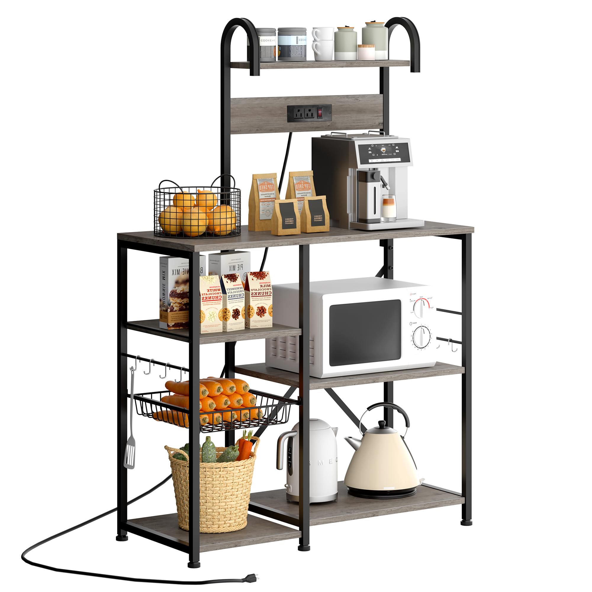 JAMFLY 6-Tier Bakers Rack with Power Outlet - Microwave Stand, Kitchen Storage Shelf with 6 Hooks & Wire Basket - Coffee Bar Station, Spice Rack, Pot and Pan Organizer for Living Room & Kitchen - Perfect for Small Spaces, Apartment Cooking & Home Organization