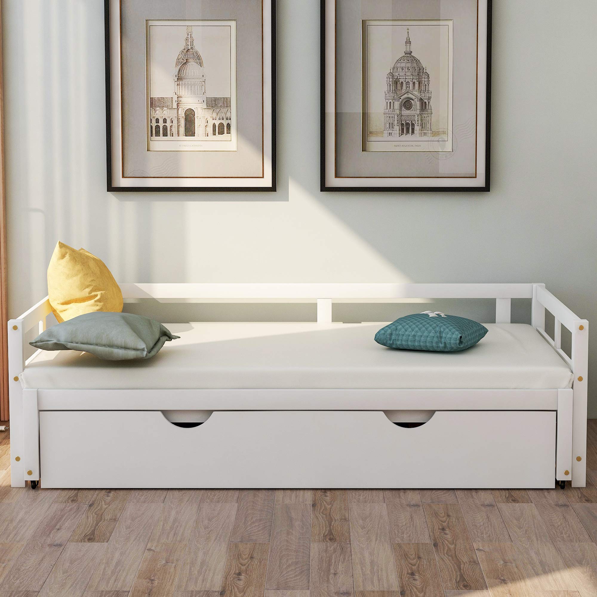 Convertible Daybed with Trundle - Twin to King Size Wooden Sofa Bed | Extendable Guest Bed for Small Spaces | Perfect for Living Room, Bedroom & Home Office (White)