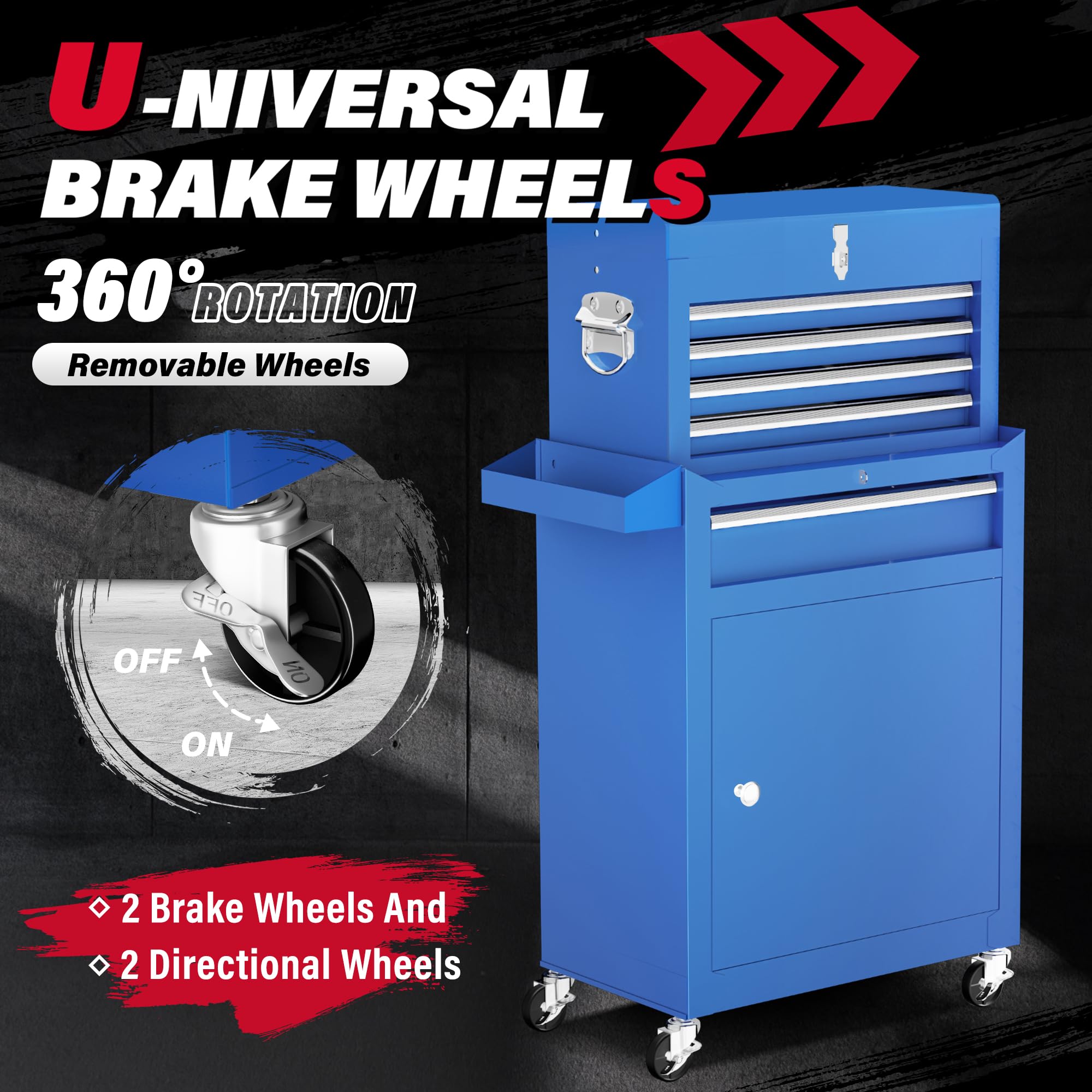 Greenvelly 5-Drawer Rolling Metal Tool Chest with Wheels, 2-in-1 Detachable Tool Cabinet, Locking System & Liners - Heavy Duty Garage Storage for Workshop, Warehouse, Barber Shop (Blue) - Perfect for Mechanics, DIY Enthusiasts & Professional Tradesmen